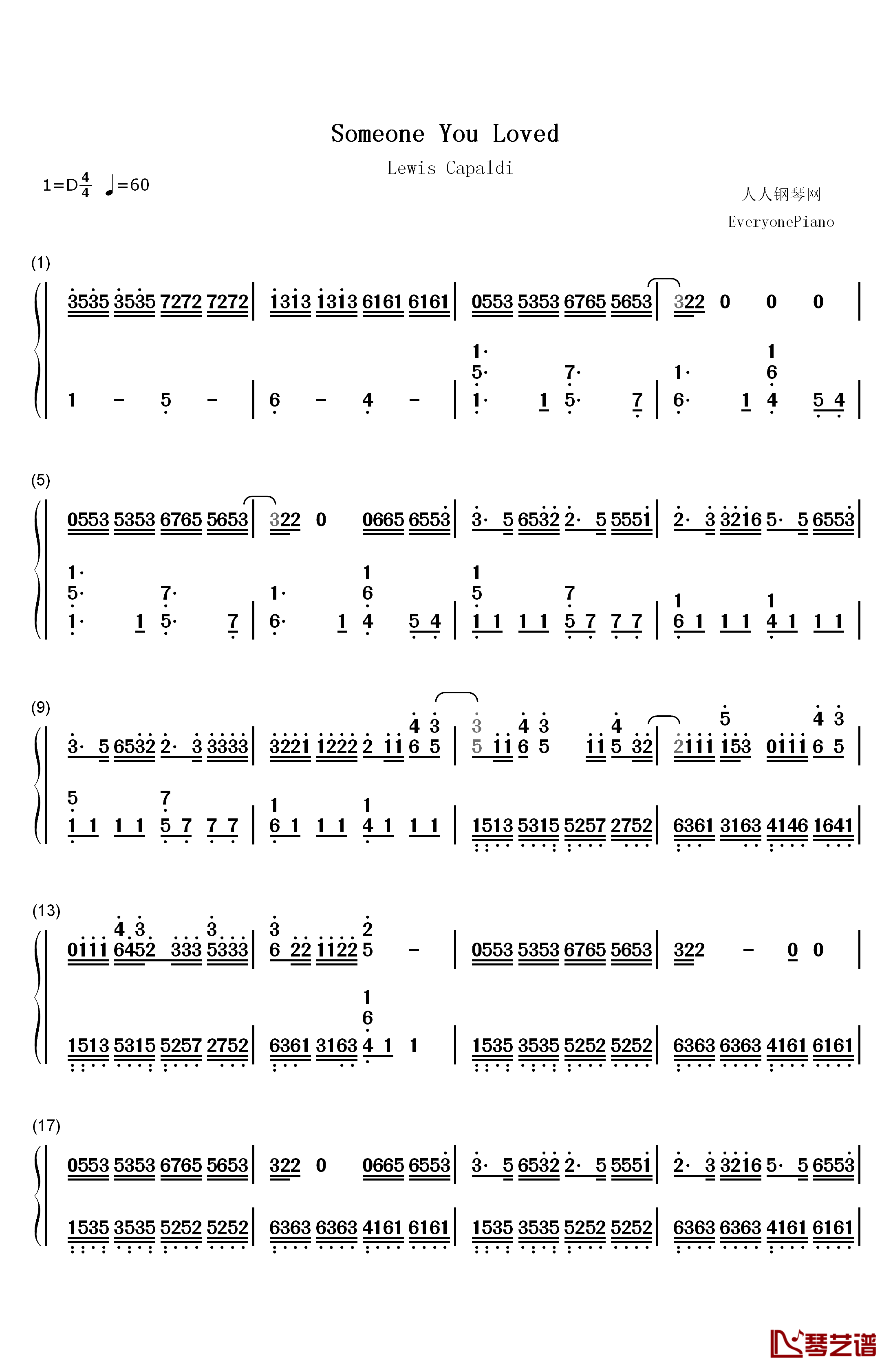 Someone You Loved钢琴简谱-数字双手-Lewis Capaldi1