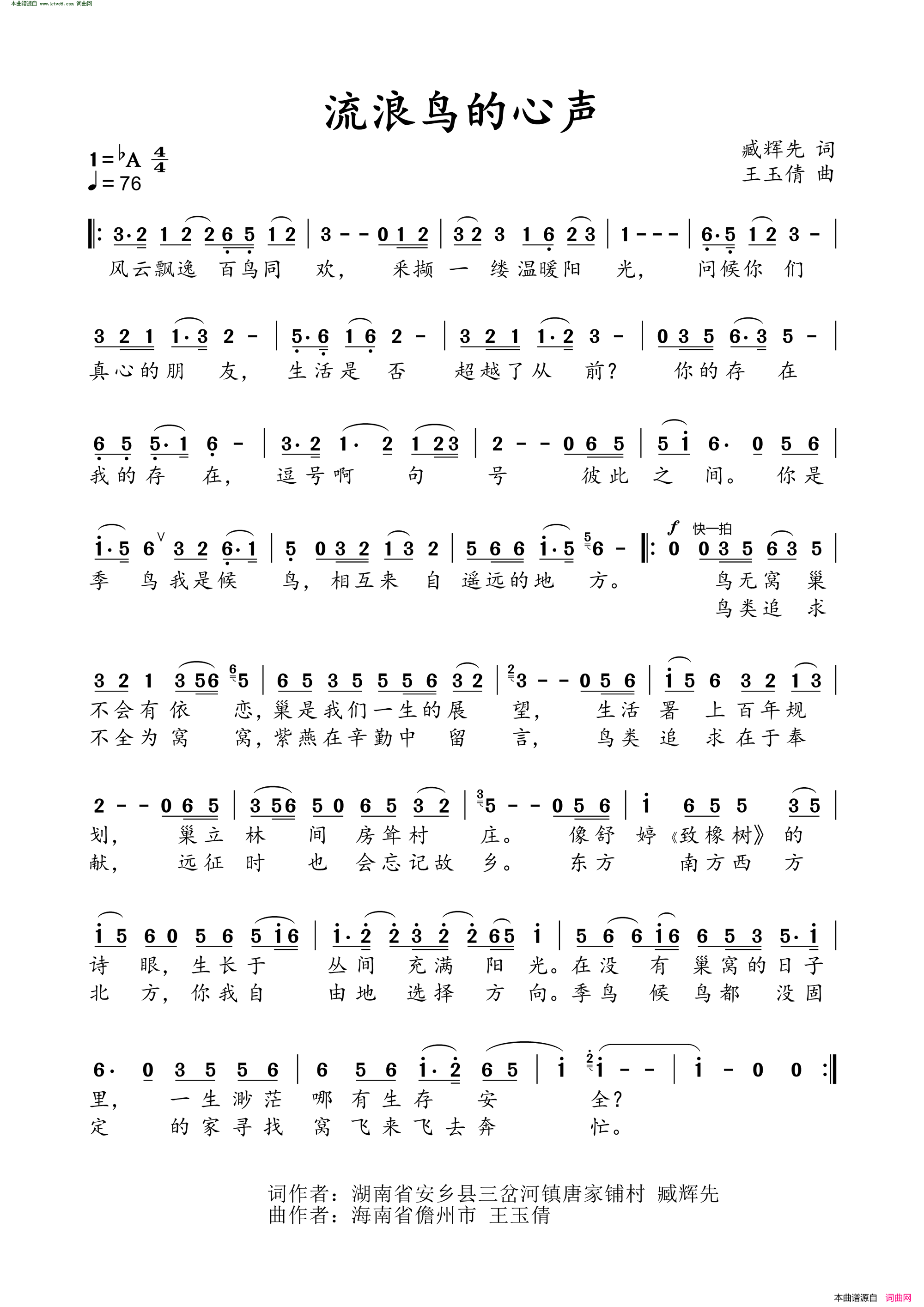 流浪鸟的心声王玉倩旋律〖171号〗简谱1
