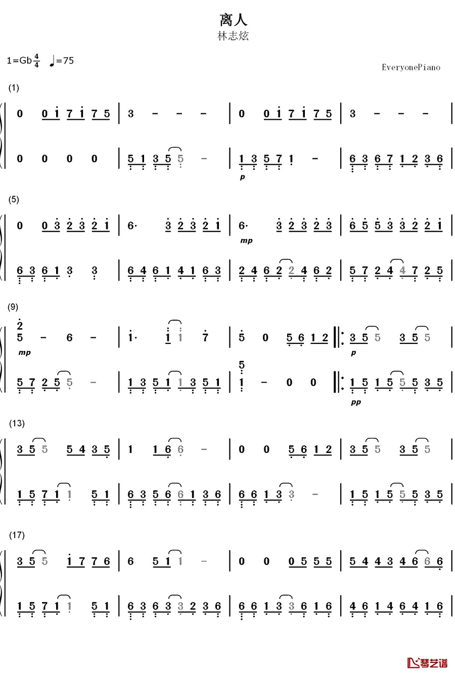离人钢琴简谱-数字双手-林志炫1