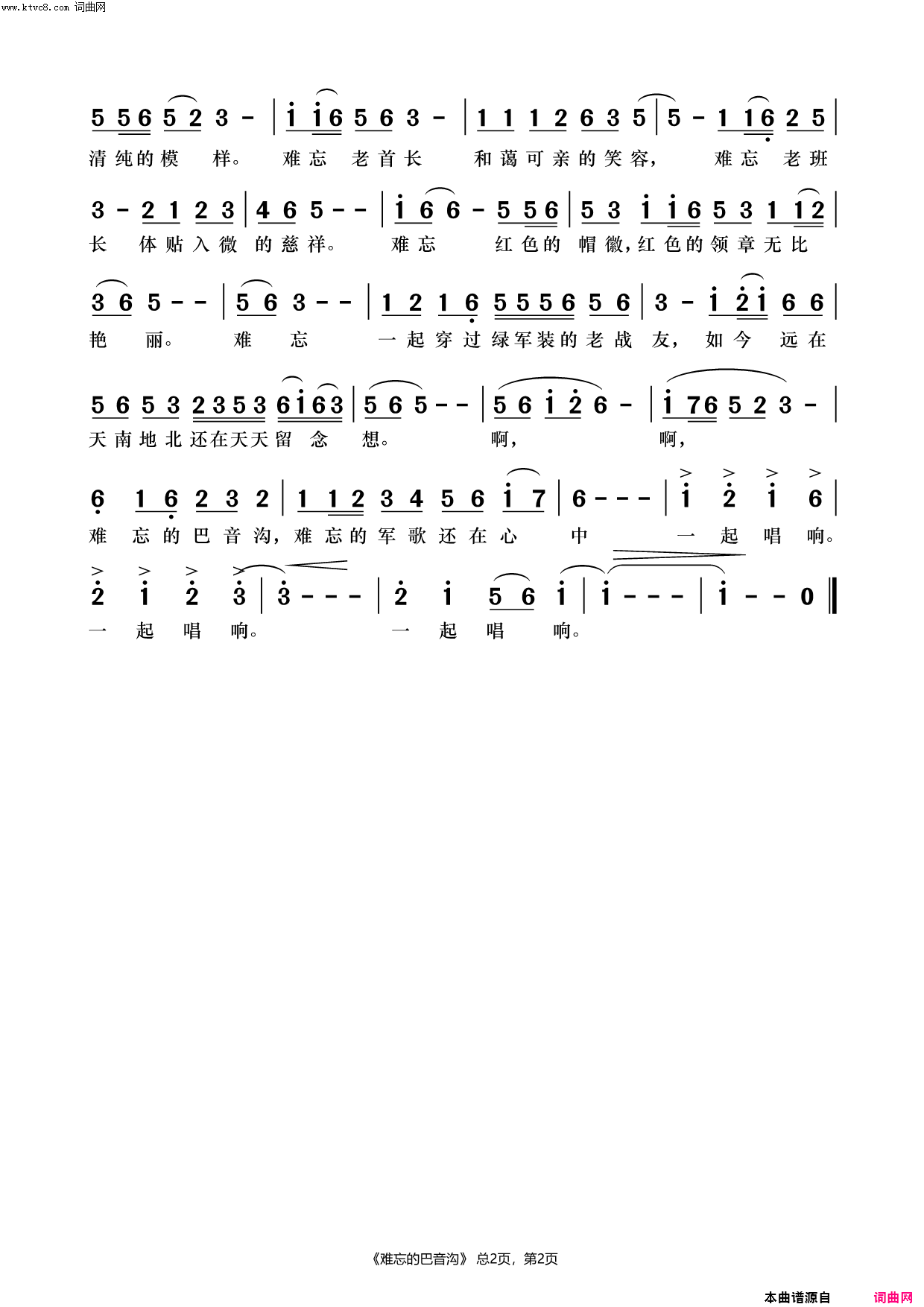 难忘的巴音沟简谱1
