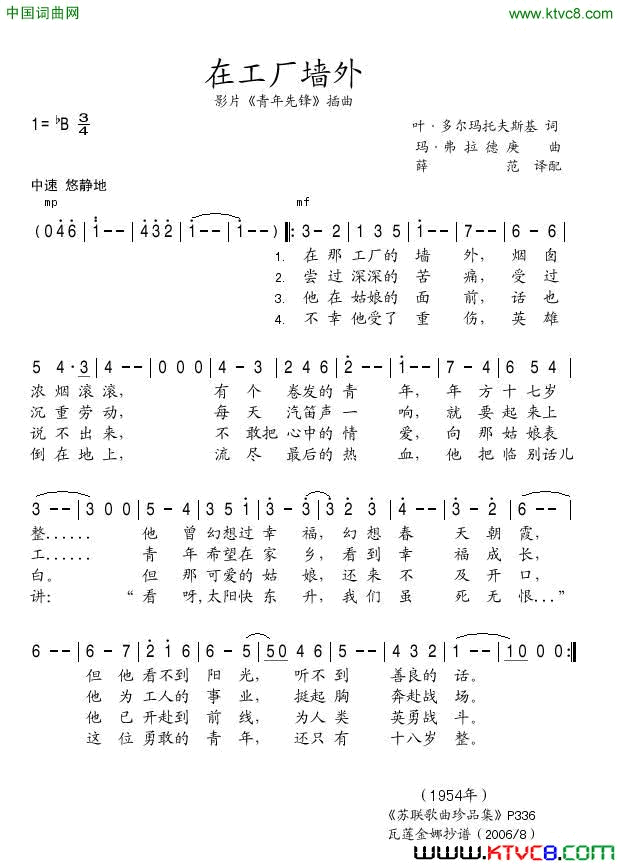 在工厂的墙外影片《青年先锋》插曲简谱1