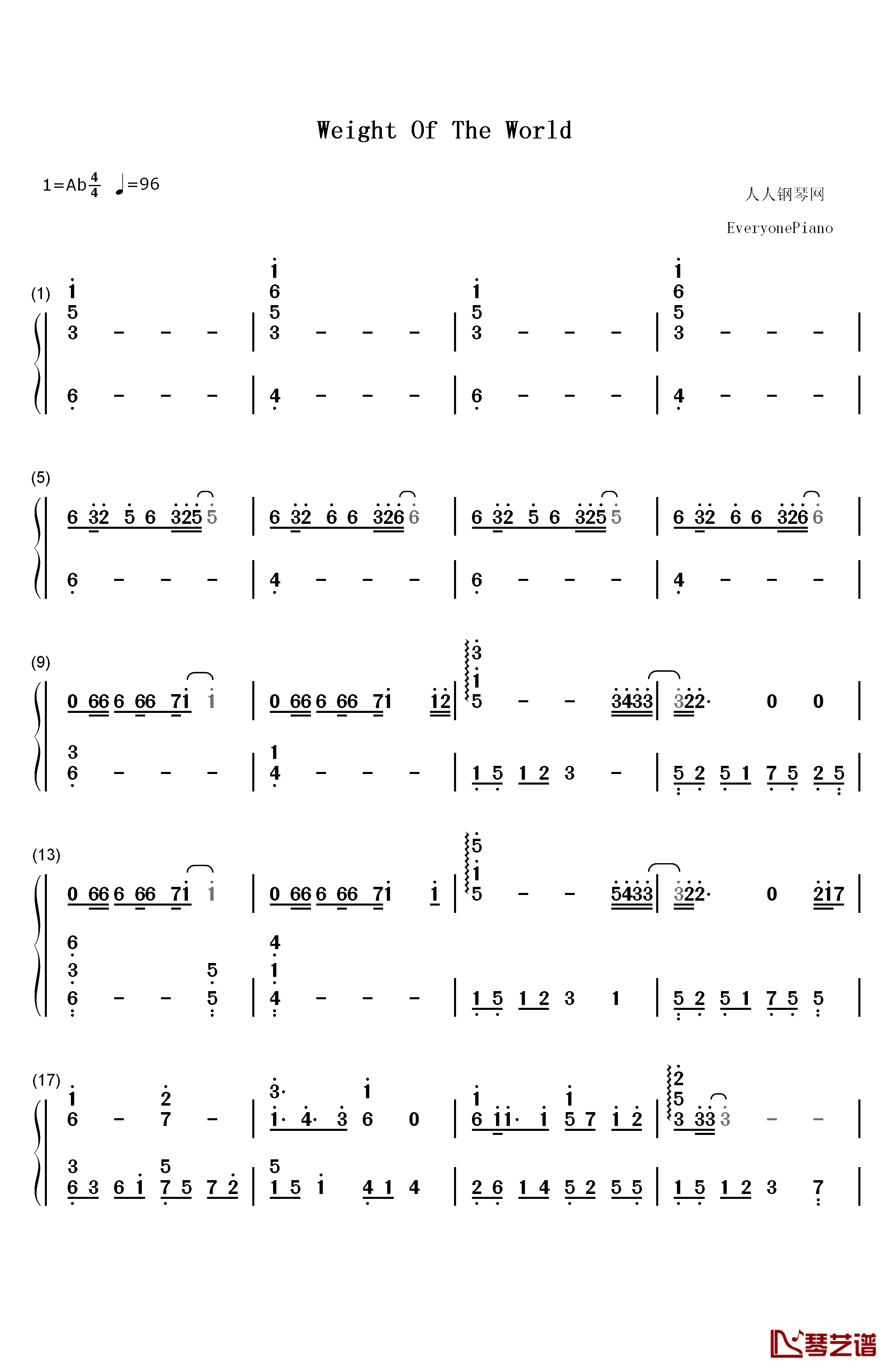 Weight of the World钢琴简谱-数字双手-MONACA1