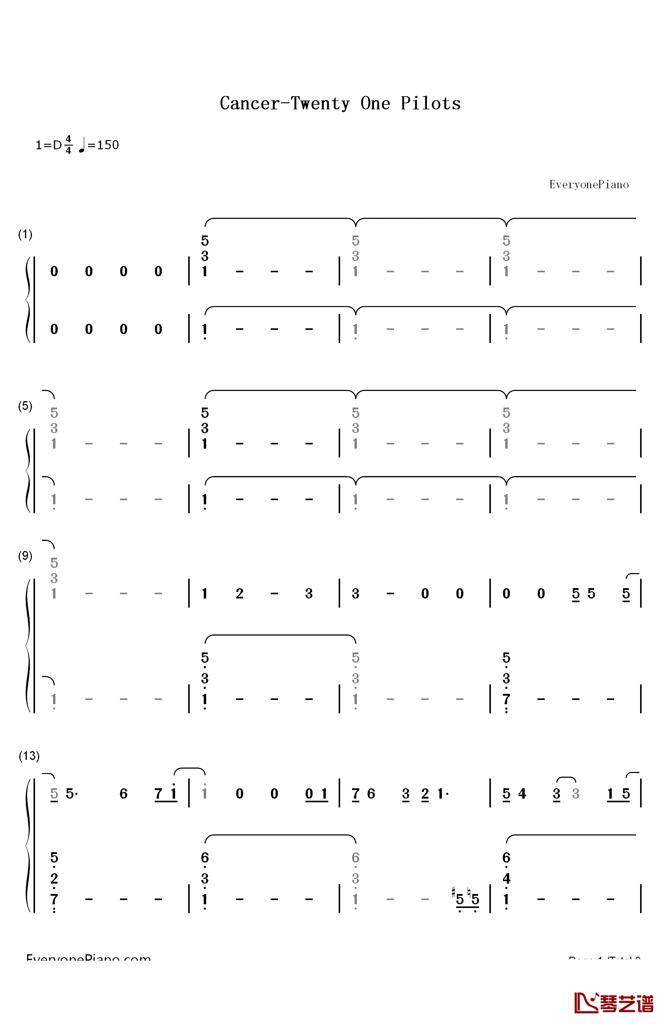 Cancer钢琴简谱-数字双手-Twenty One Pilots1