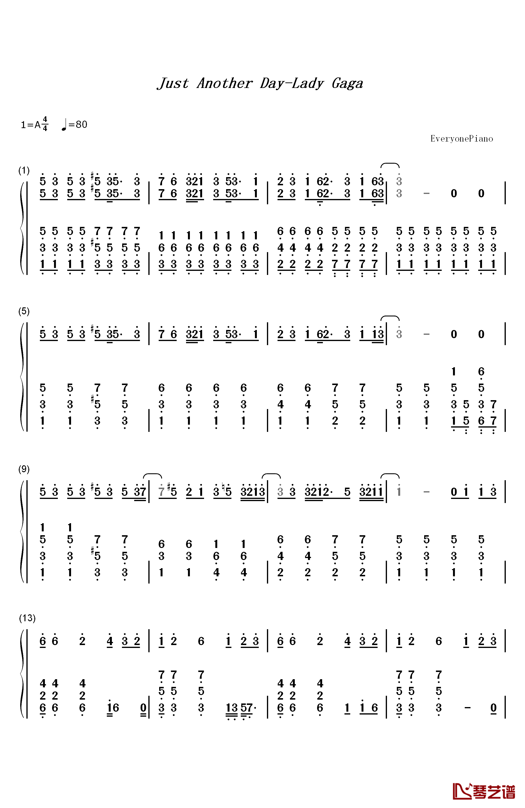 Just Another Day钢琴简谱-数字双手-Lady Gaga1