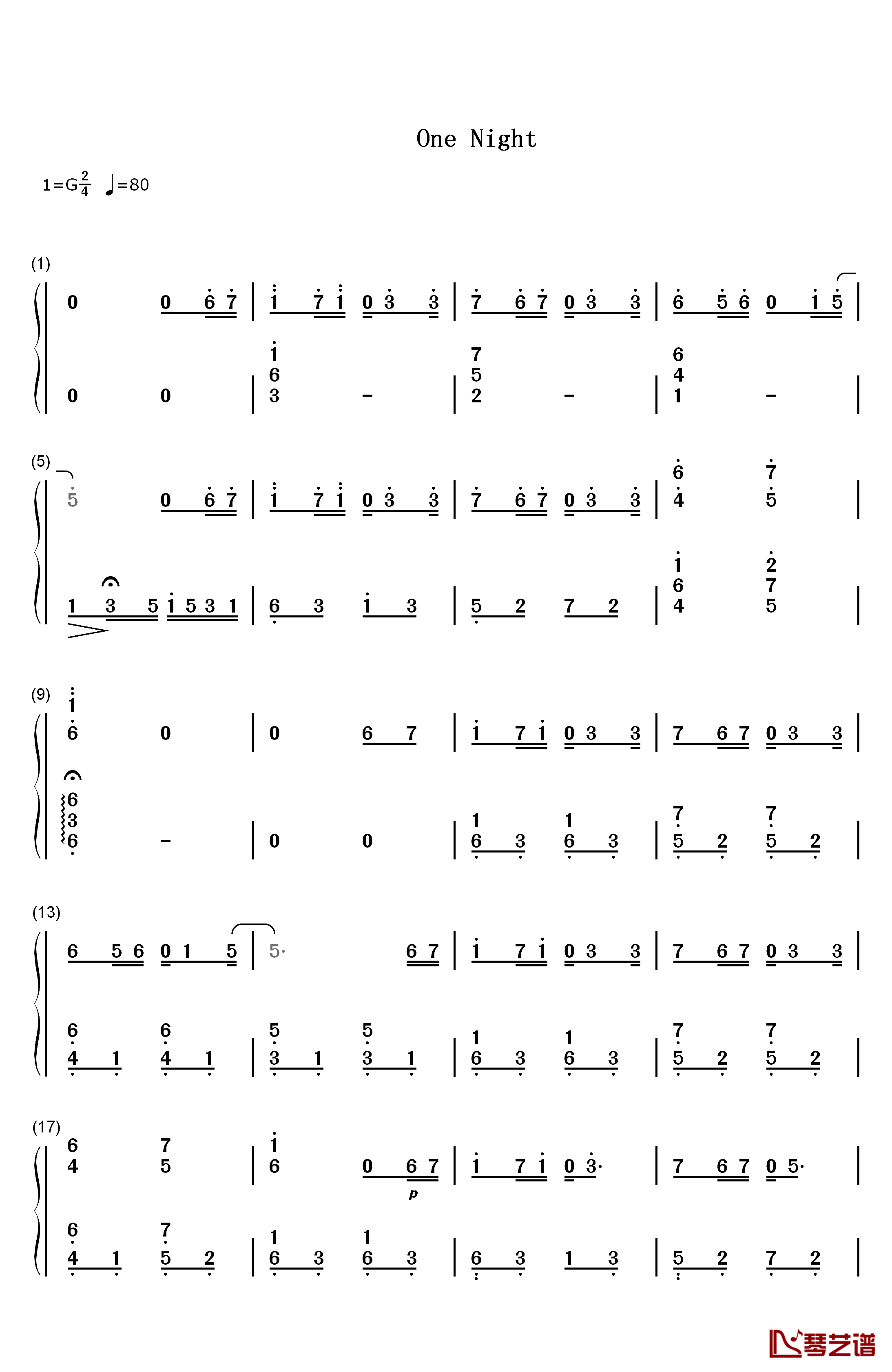 One Night钢琴简谱-数字双手-加贺谷 玲1