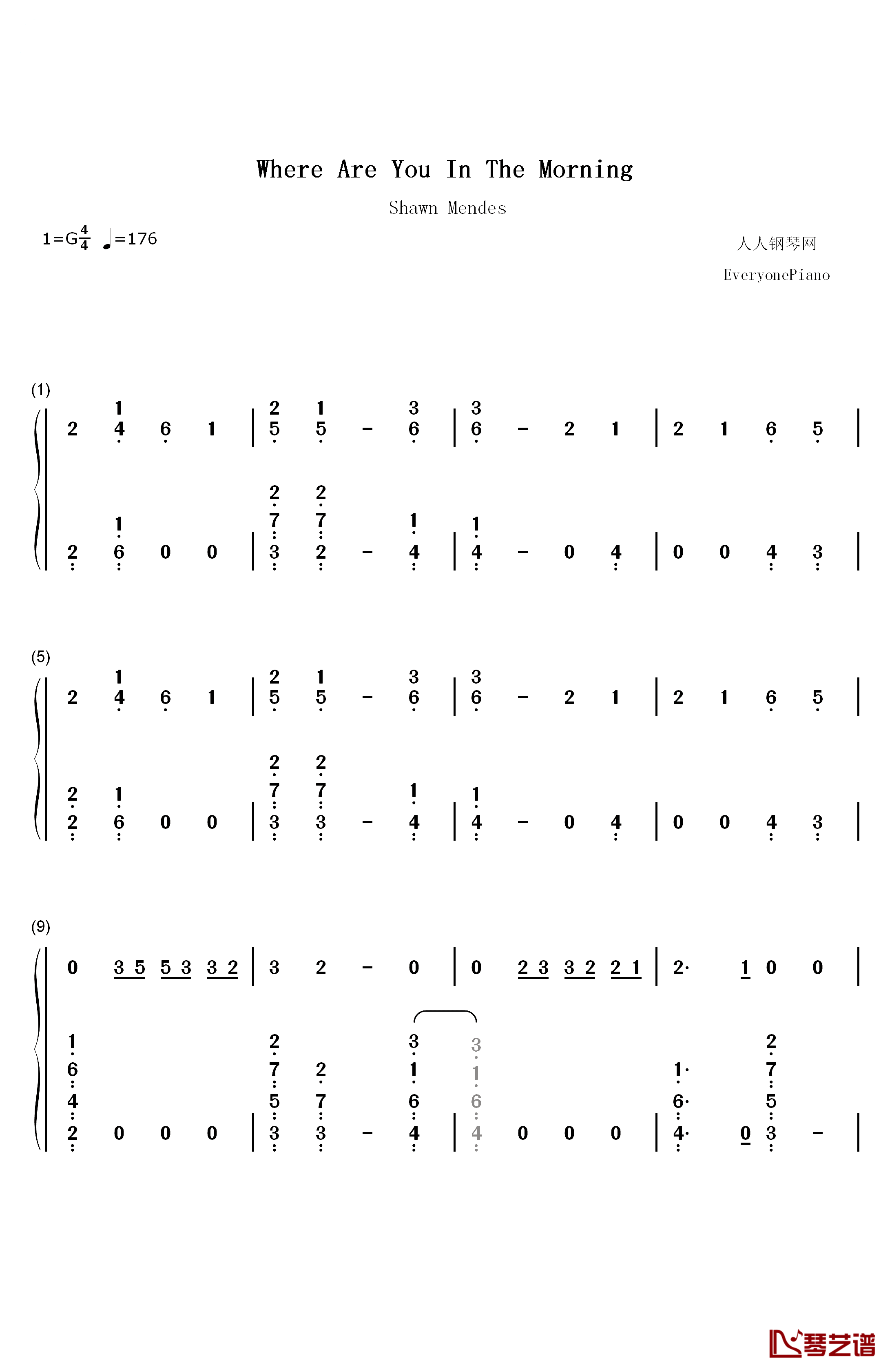 Where Were You in the Morning钢琴简谱-数字双手-Shawn Mendes1