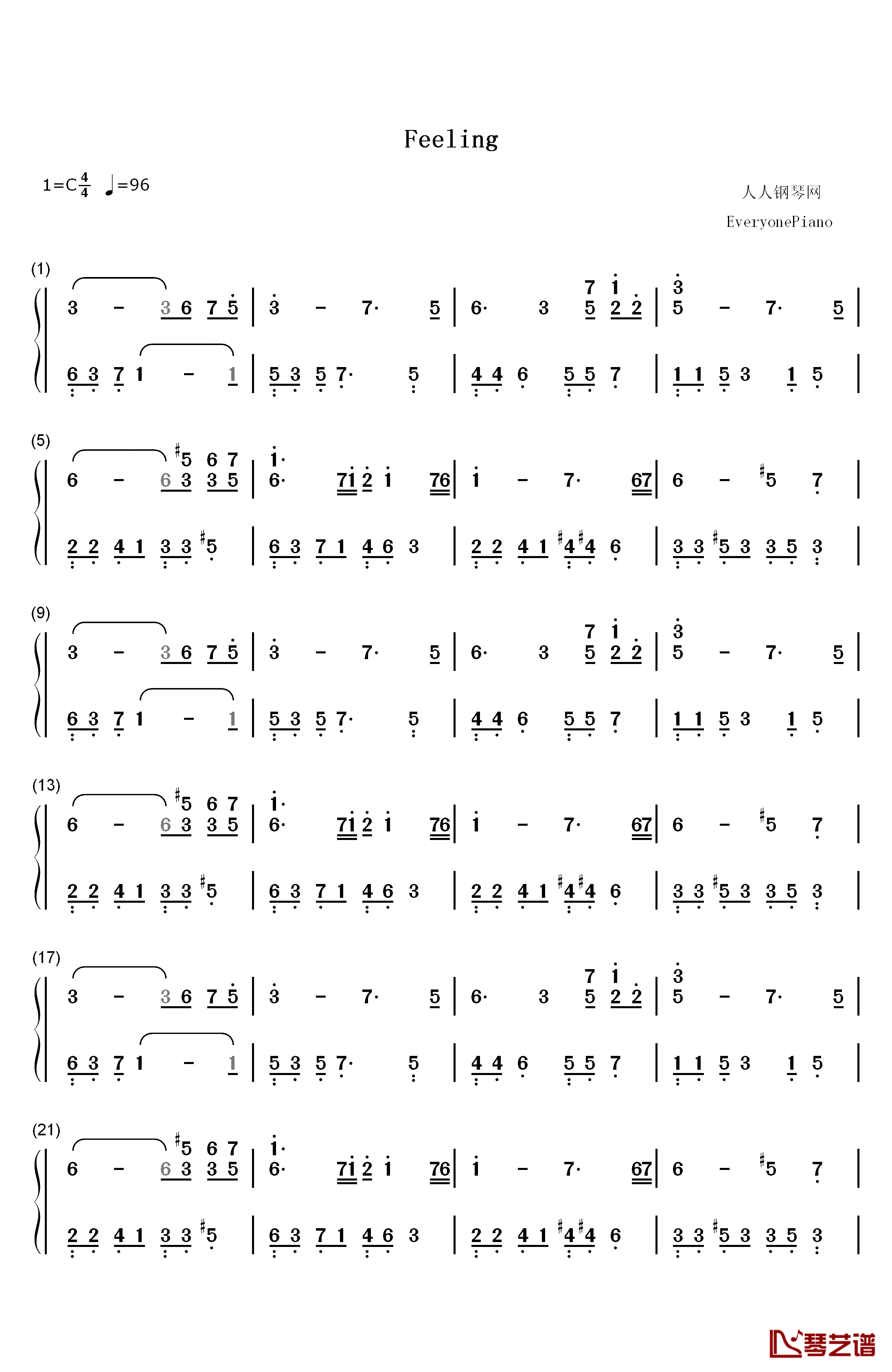 Feeling钢琴简谱-数字双手-July1