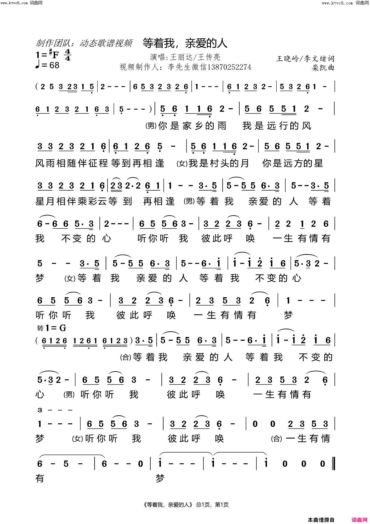 等着我，亲爱的人歌剧沂蒙山主题歌简谱-王丽达演唱-王晓岭、李文绪/栾凯词曲1