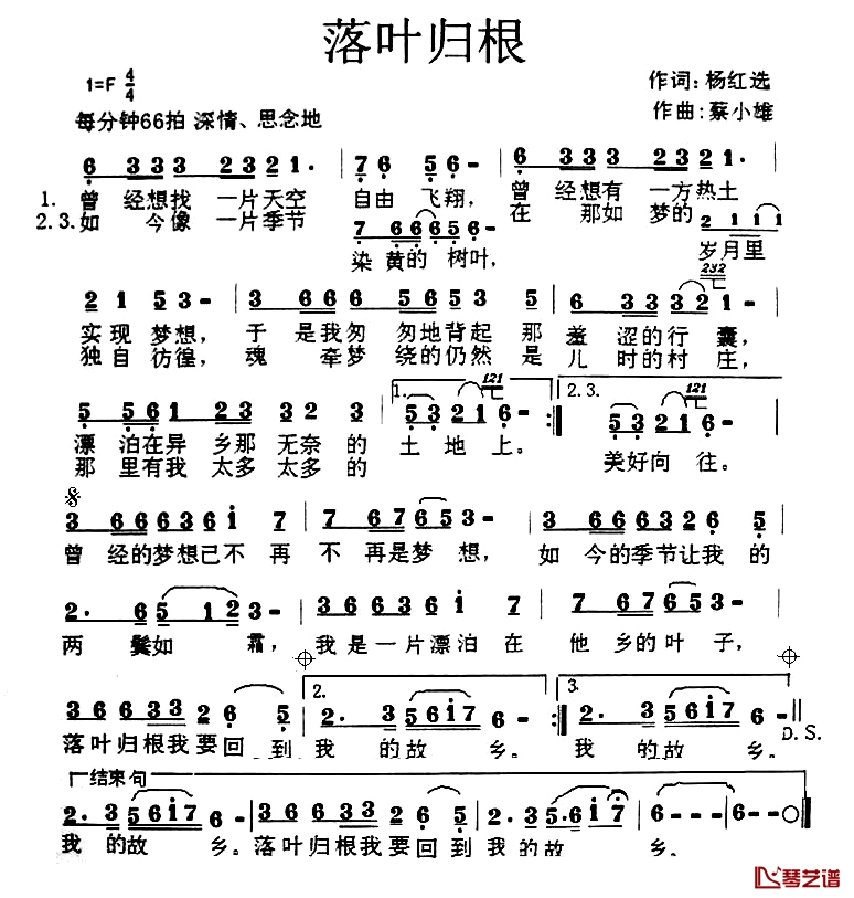 落叶归根简谱-杨红选词 蔡小雄曲1