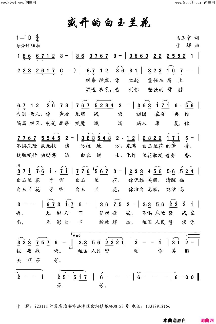 盛开的白玉兰花简谱-杨金娜演唱-马玉章/于辉词曲1