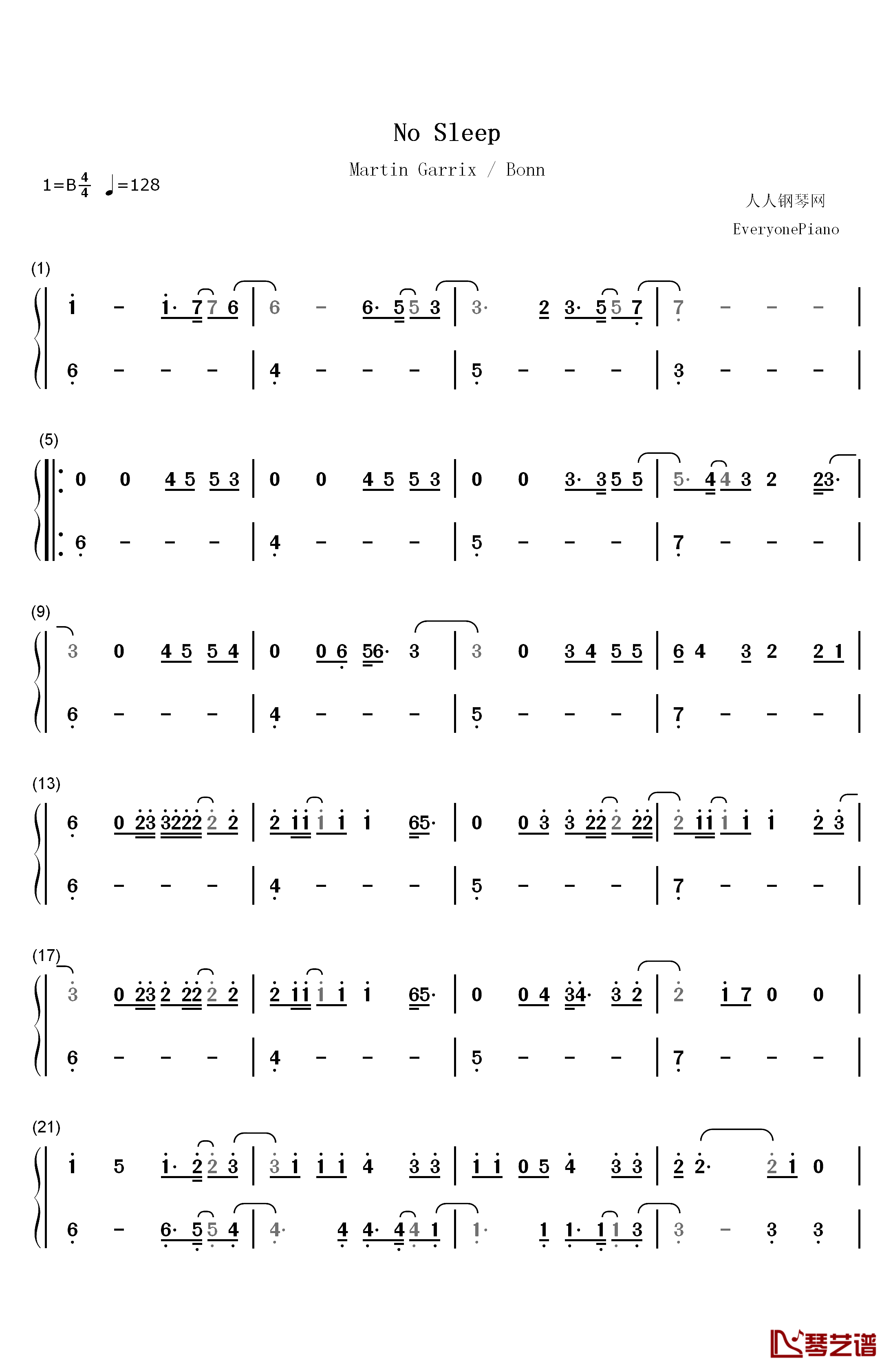No Sleep钢琴简谱-数字双手-Martin Garrix Bonn1
