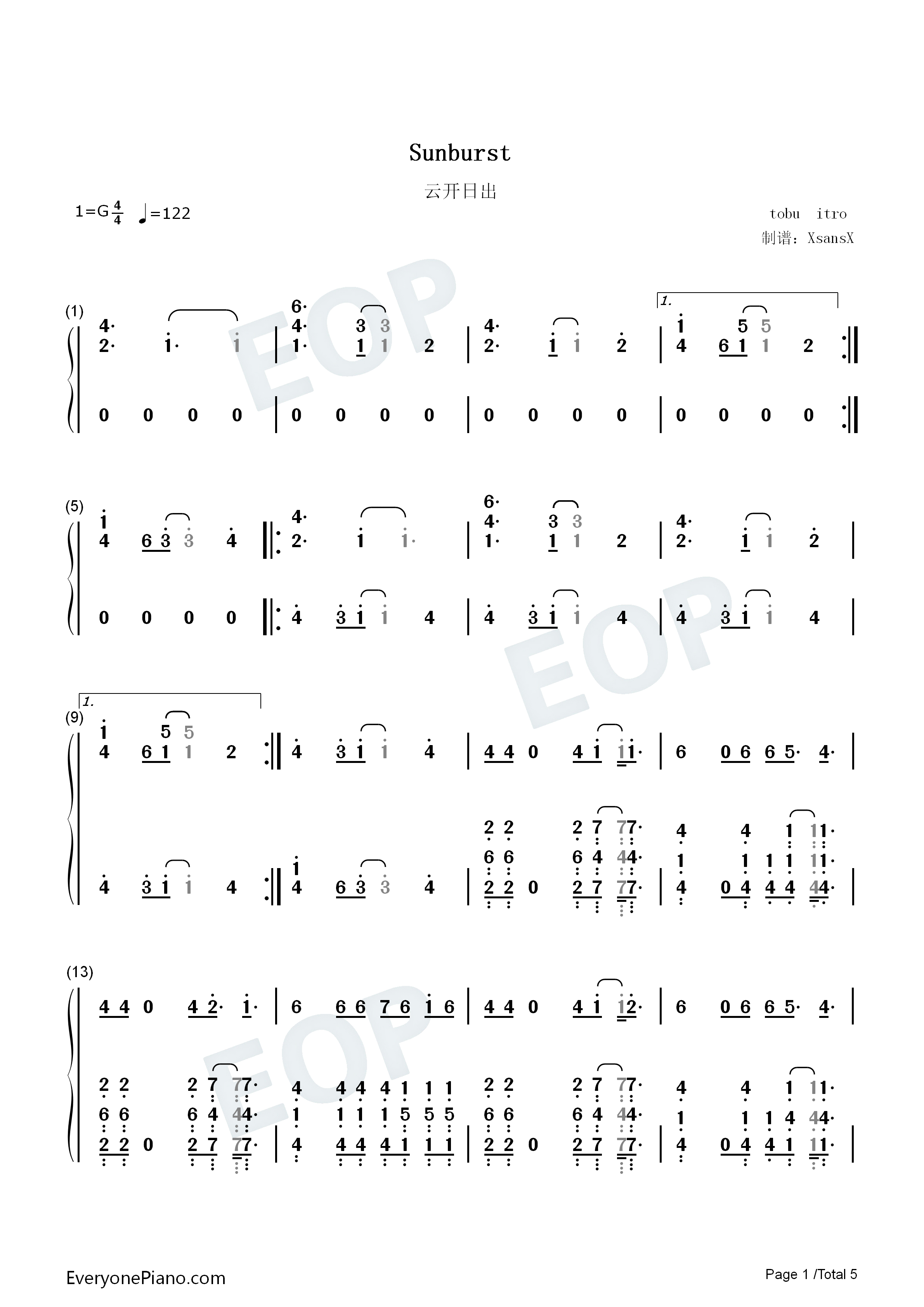 Sunburst钢琴简谱-Tobu Itro演唱1