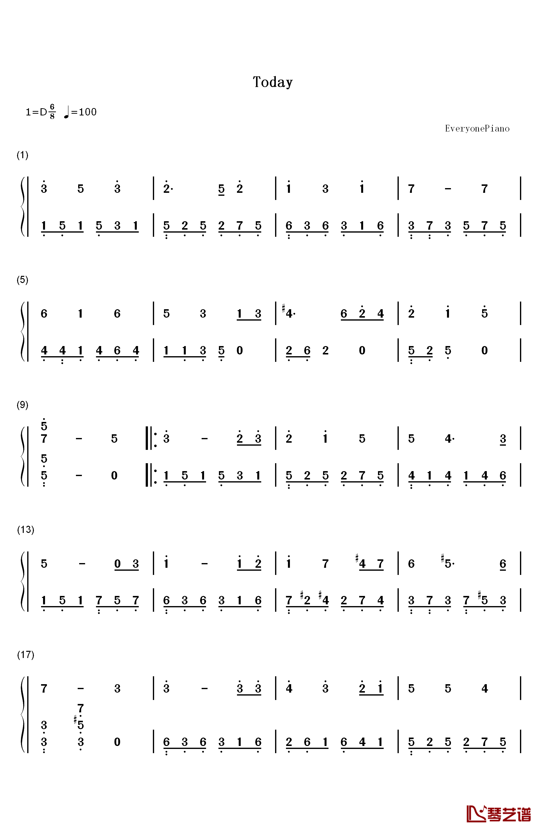 Today钢琴简谱-数字双手-梁咏琪1