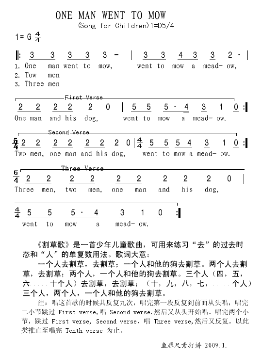 上传英文儿歌《ONEMANWENTTOMOW》简谱1