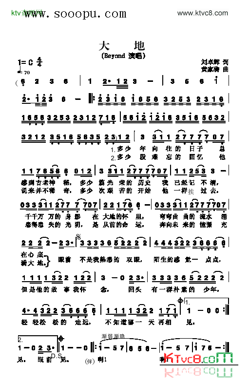 大地歌曲类简谱简谱-Beyond乐队演唱1