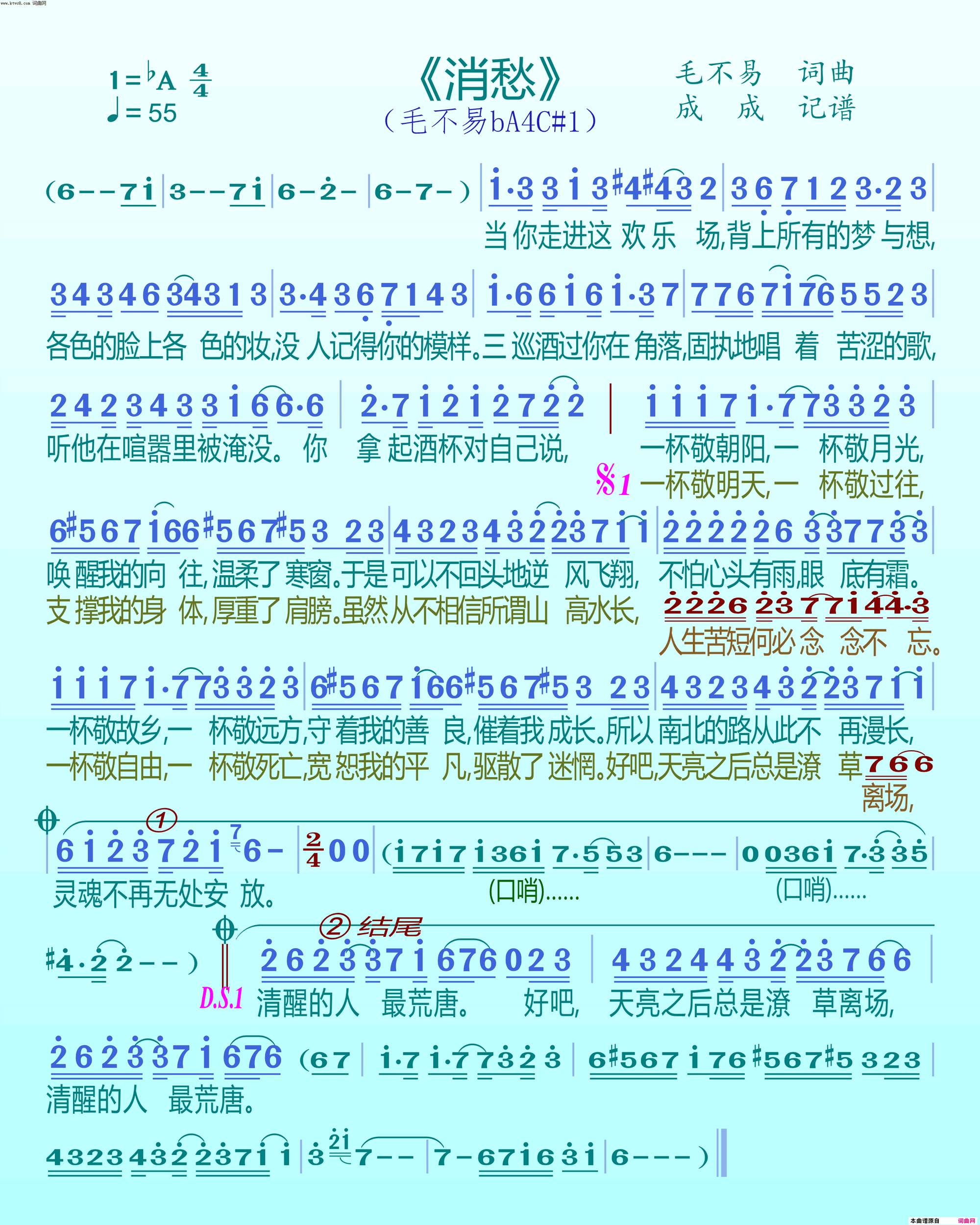 消愁毛不易简谱-毛不易演唱-毛不易/毛不易词曲1