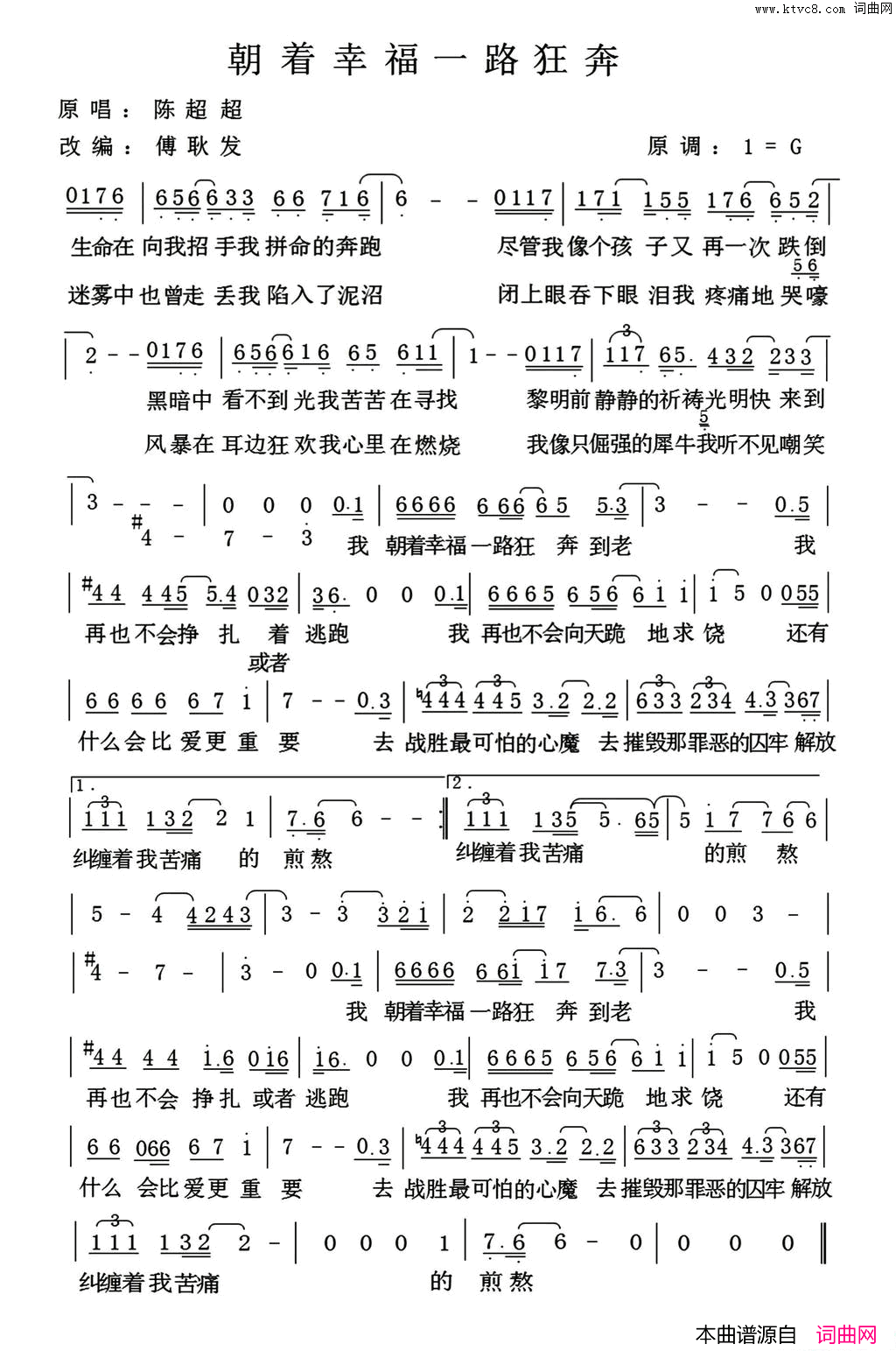 朝着幸福一路狂奔简谱-陈超超演唱1
