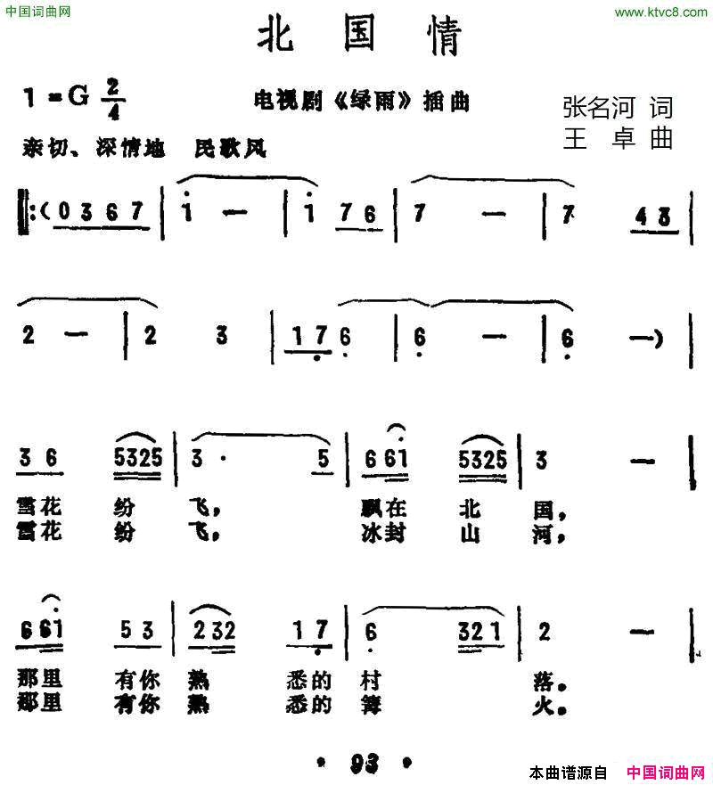 北国情电视剧《绿雨》插曲简谱1