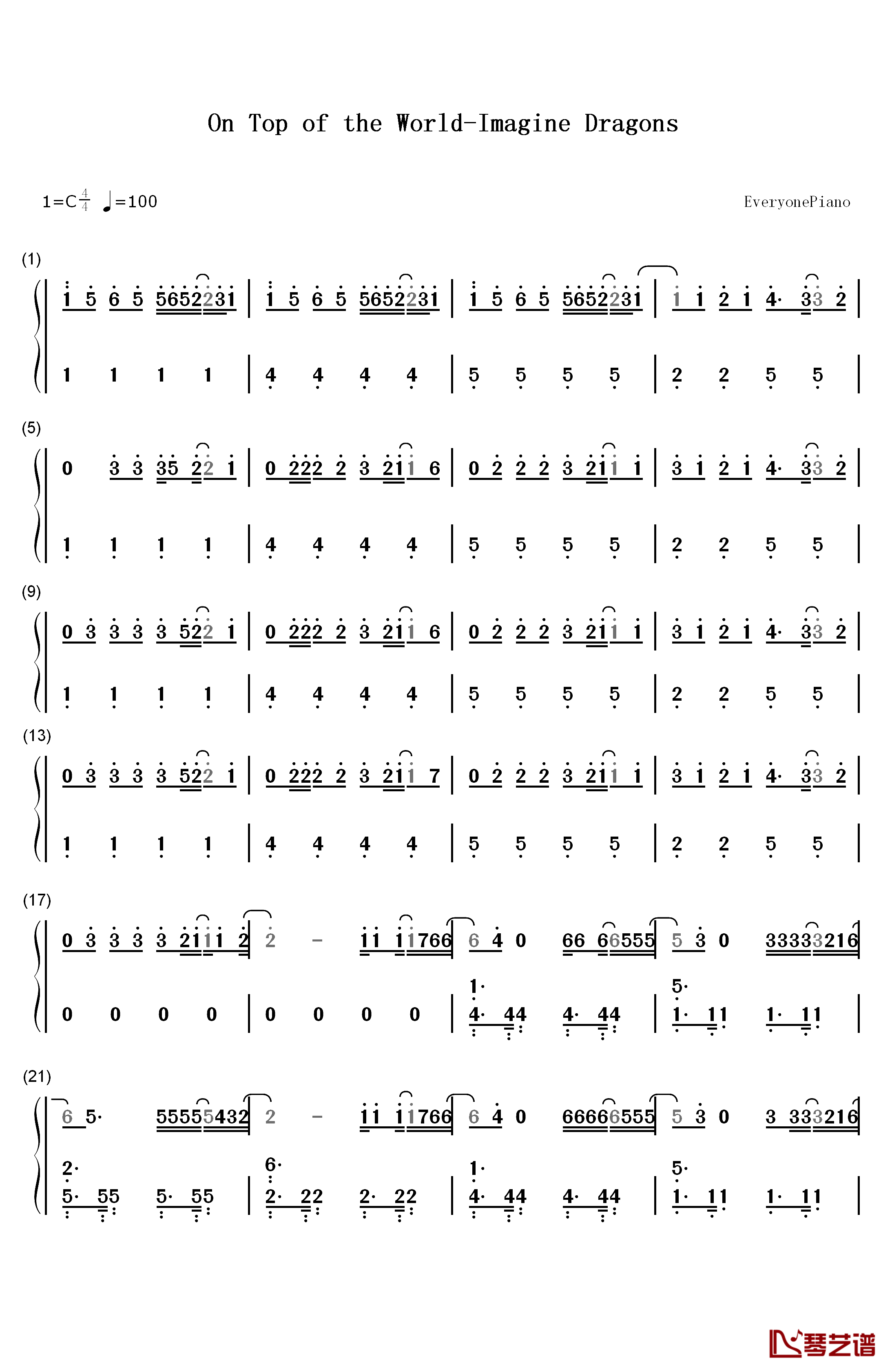 On Top of the World钢琴简谱-数字双手-Imagine Dragons1