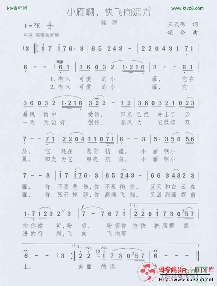 小雁啊，快飞向远方简谱-颂今音乐演唱-王天保/颂今词曲1