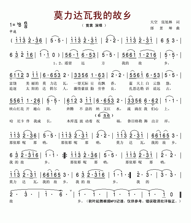 莫力达瓦我的故乡简谱-霓裳演唱1