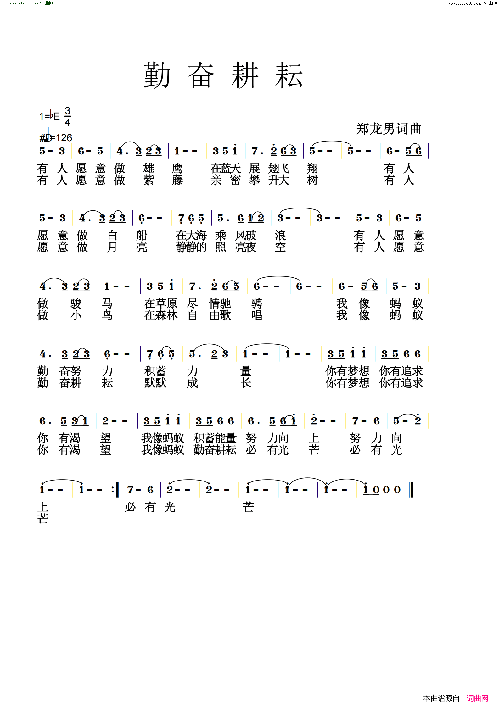 勤奋耕耘简谱-王妮娜演唱-郑龙男/郑龙男词曲1