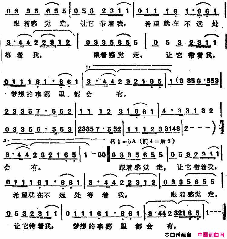 苏芮演唱金曲：跟着感觉走简谱-苏芮演唱-陈家丽/陈志远词曲1