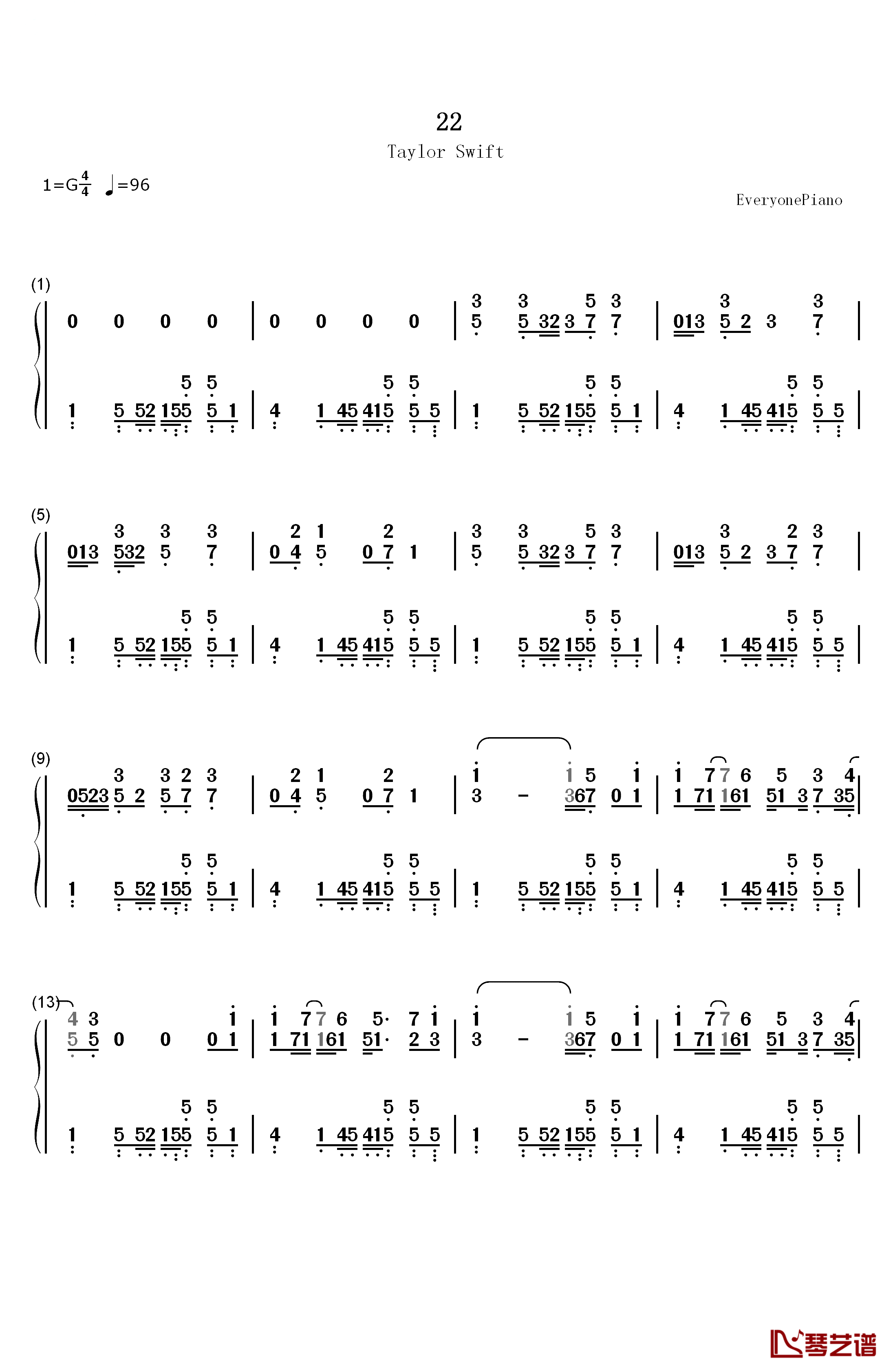 22钢琴简谱-数字双手-Taylor Swift1