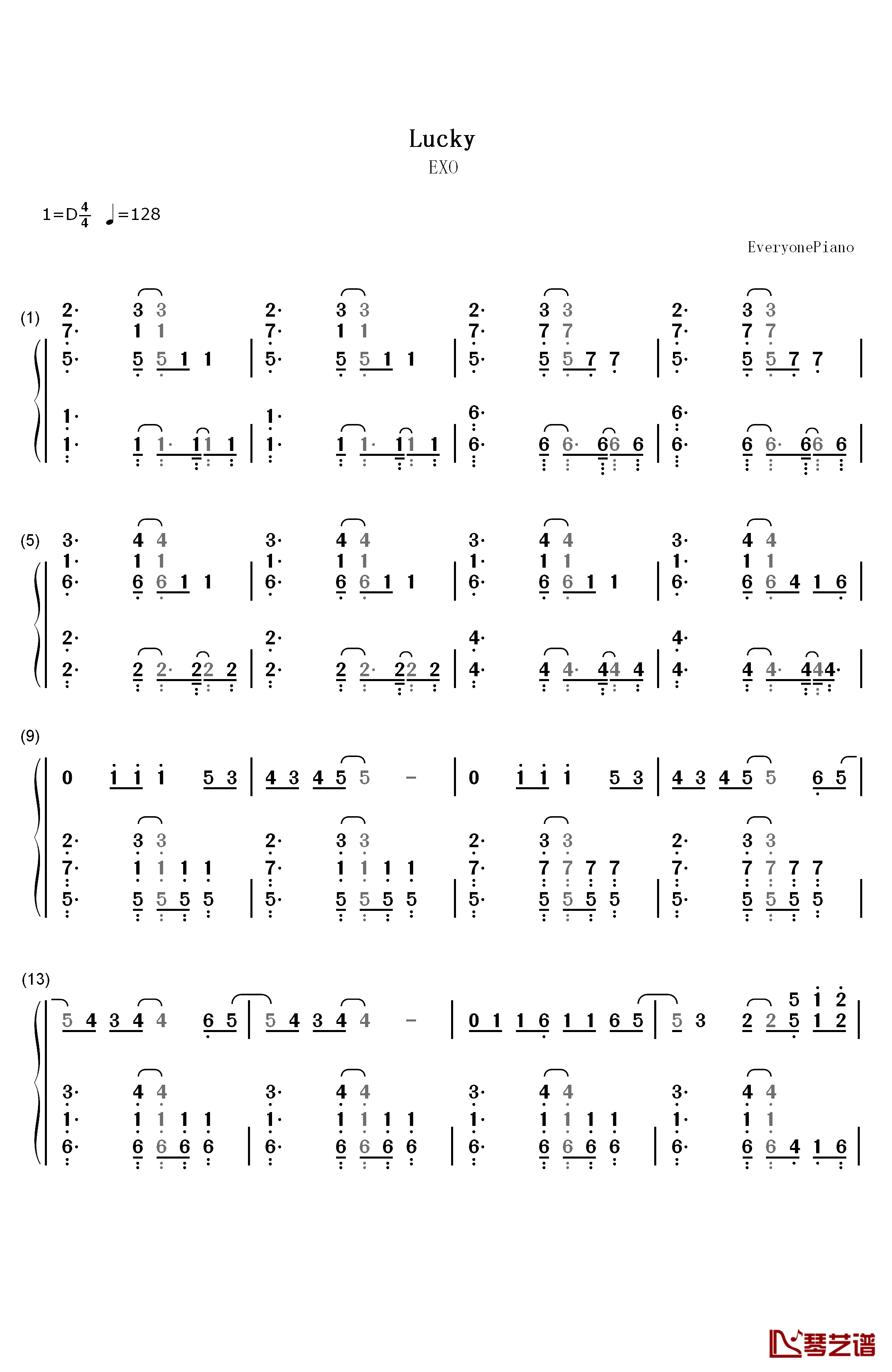 Lucky钢琴简谱-数字双手-Exo1