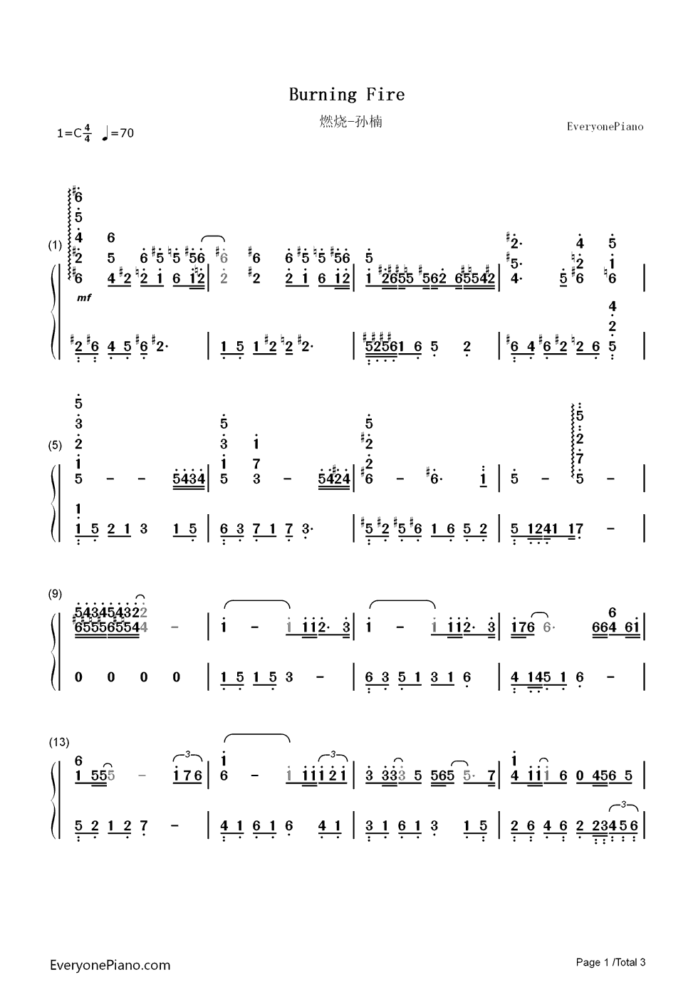 燃烧钢琴简谱-数字双手-孙楠1