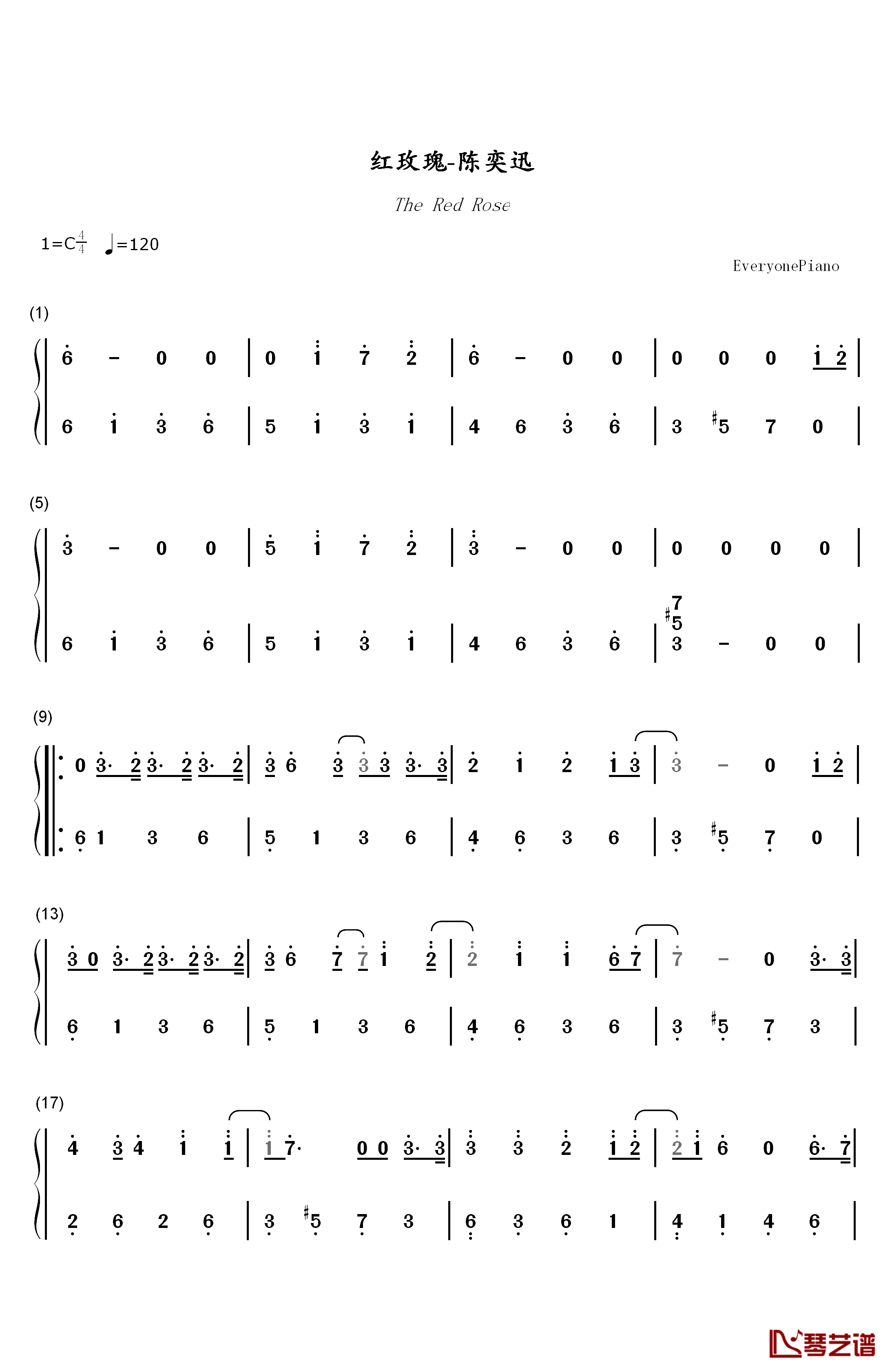红玫瑰钢琴简谱-数字双手-陈奕迅1