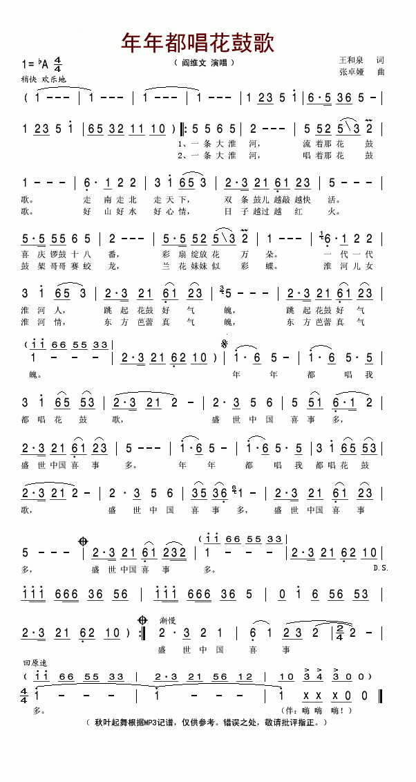 年年都唱花鼓歌阎维文版简谱-阎维文演唱1
