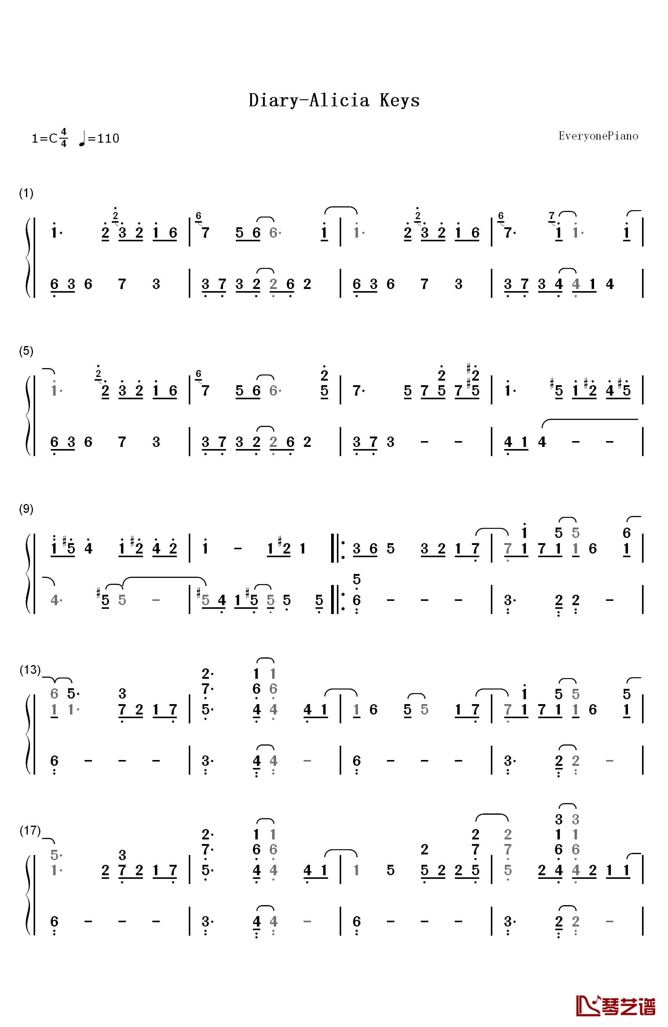 Diary钢琴简谱-数字双手-Alicia Keys1