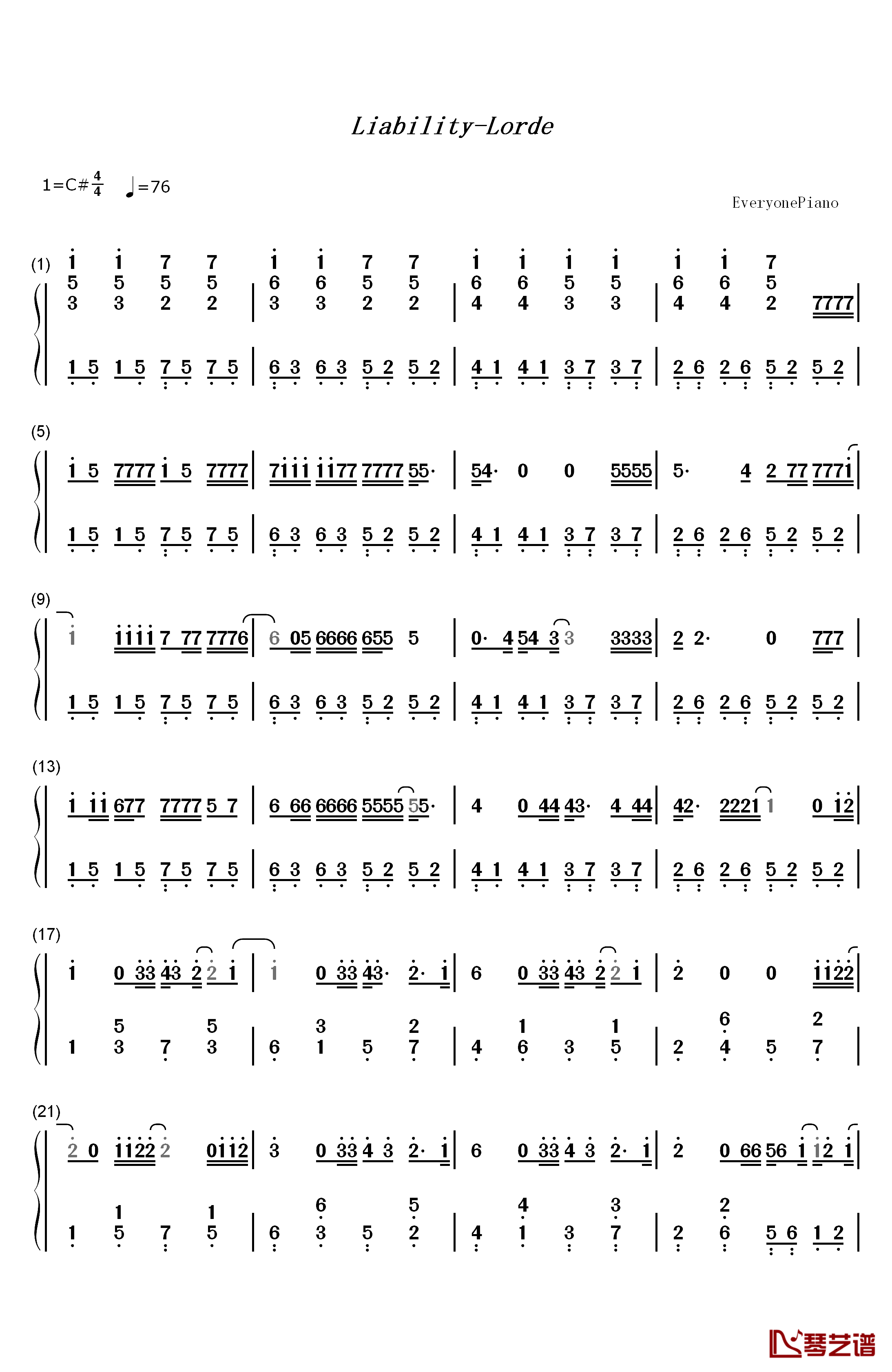 Liability钢琴简谱-数字双手-Lorde1