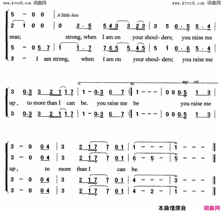 You Raise Me Up 你鼓舞了我合唱版简谱1