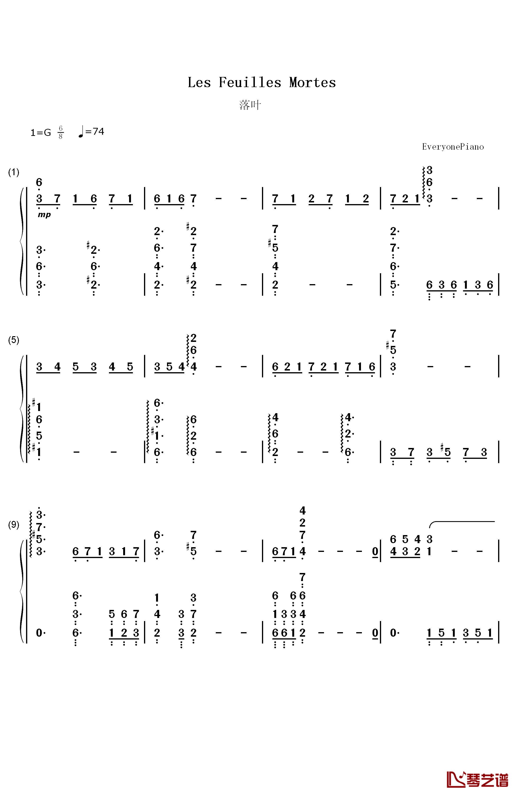 落叶 Les Feuilles Mortes钢琴简谱-数字双手-理查德克莱德曼1