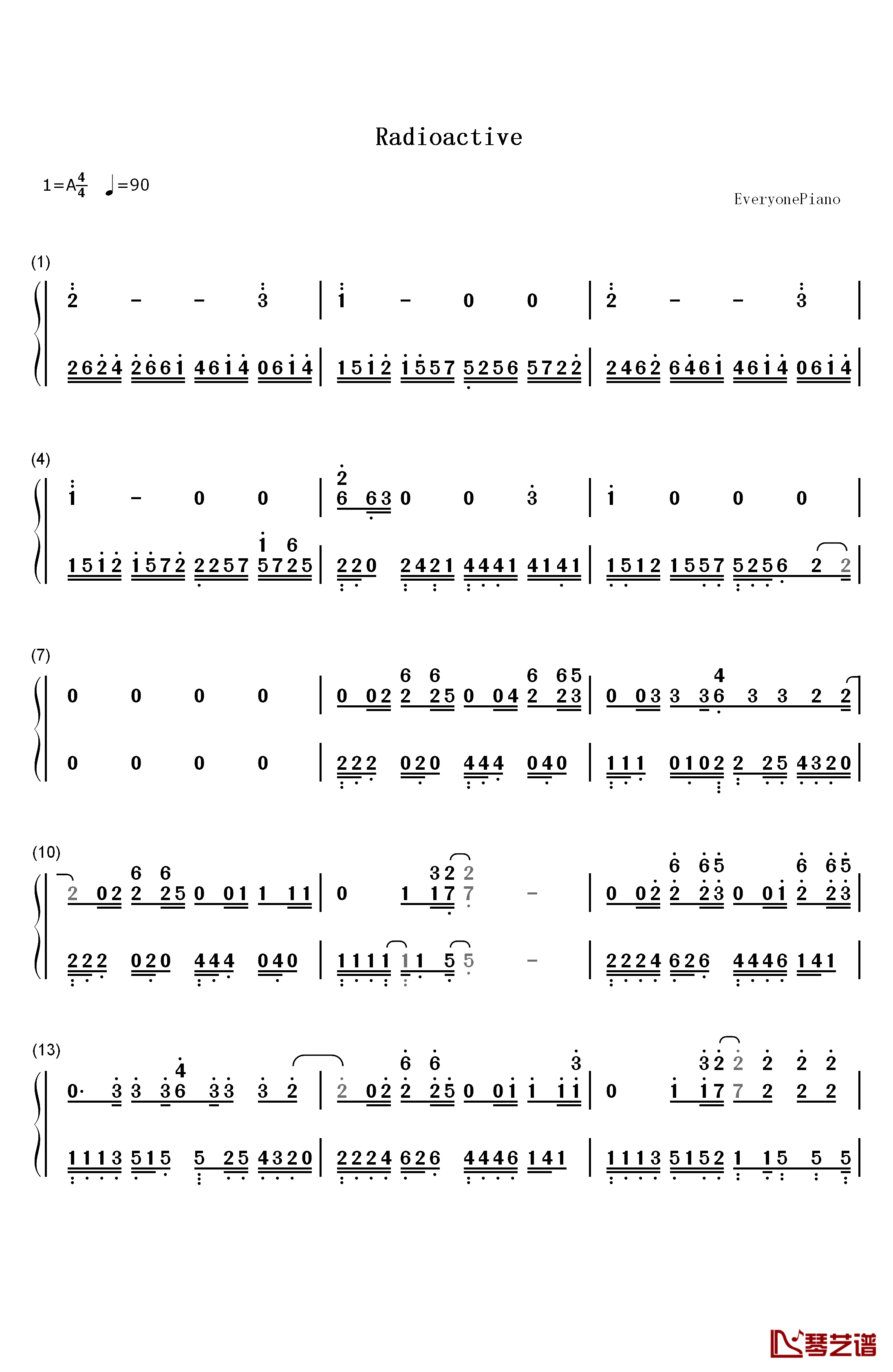 Radioactive钢琴简谱-数字双手-William Joseph Imagine Dragons1