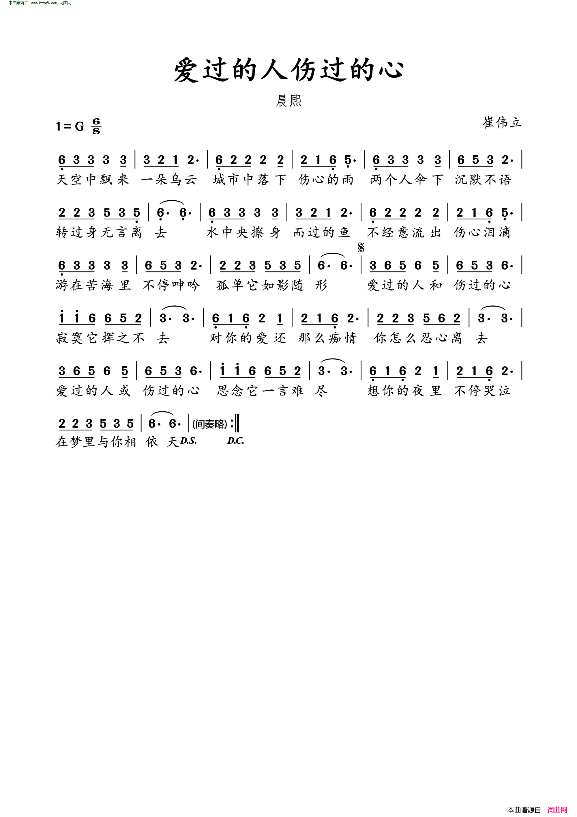 爱过的人伤过的心简谱-晨熙演唱-崔伟立/崔伟立词曲1