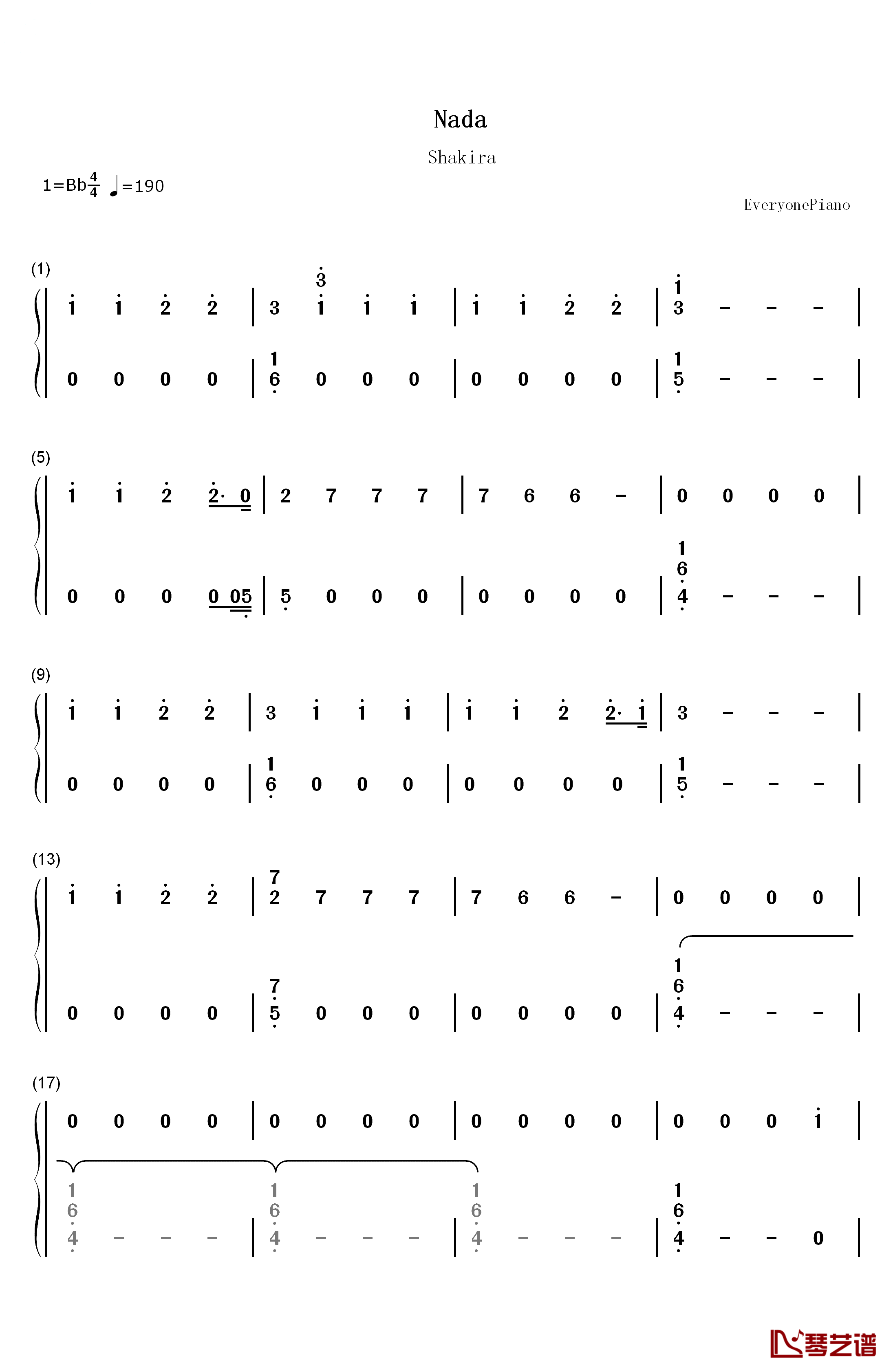 Nada钢琴简谱-数字双手-Shakira1