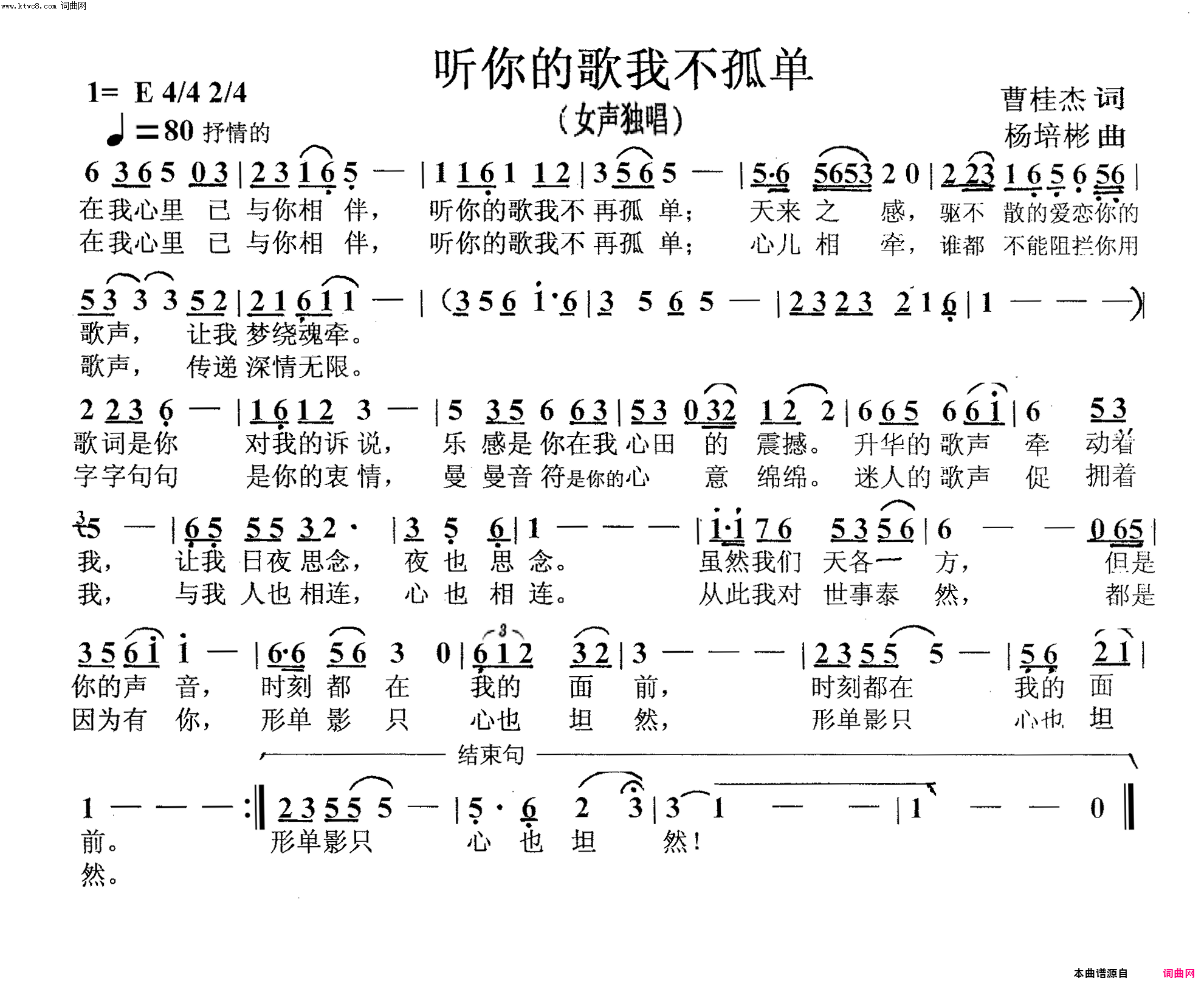 听你的歌我不孤单女声独唱简谱1