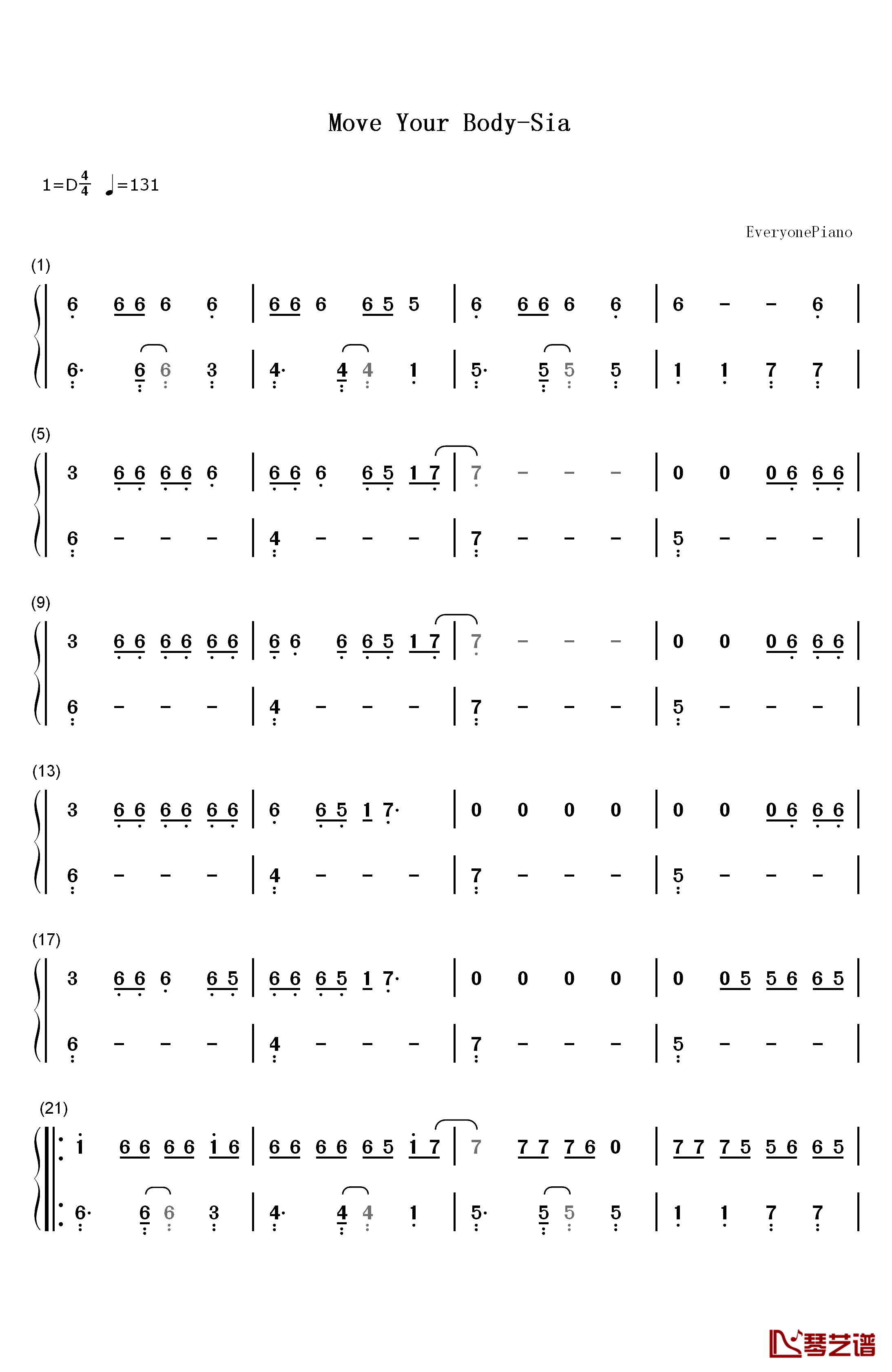 Move Your Body钢琴简谱-数字双手-Sia1