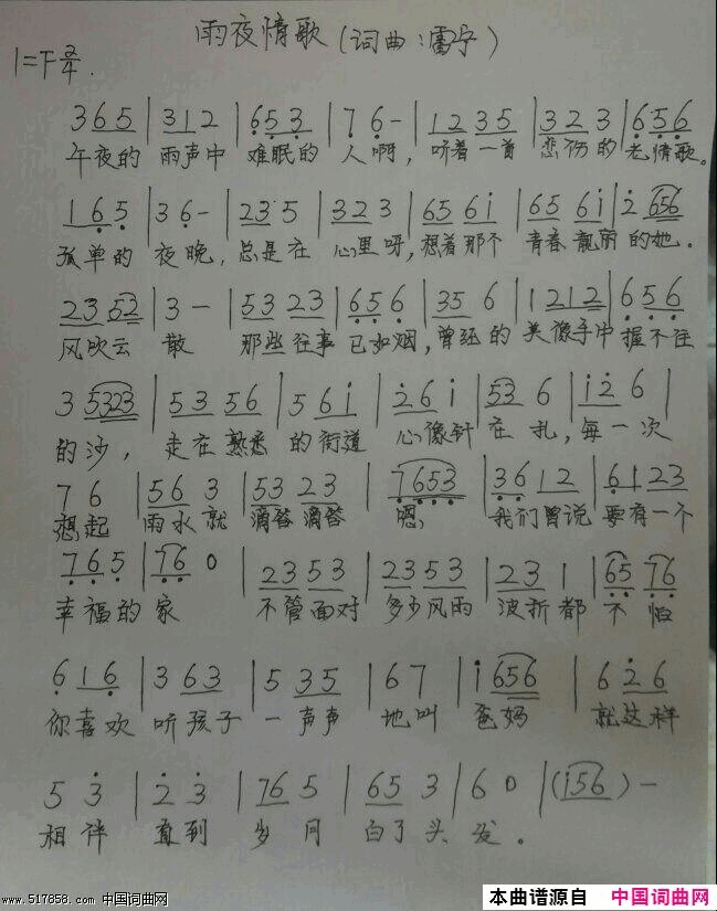 雨夜情歌简谱1