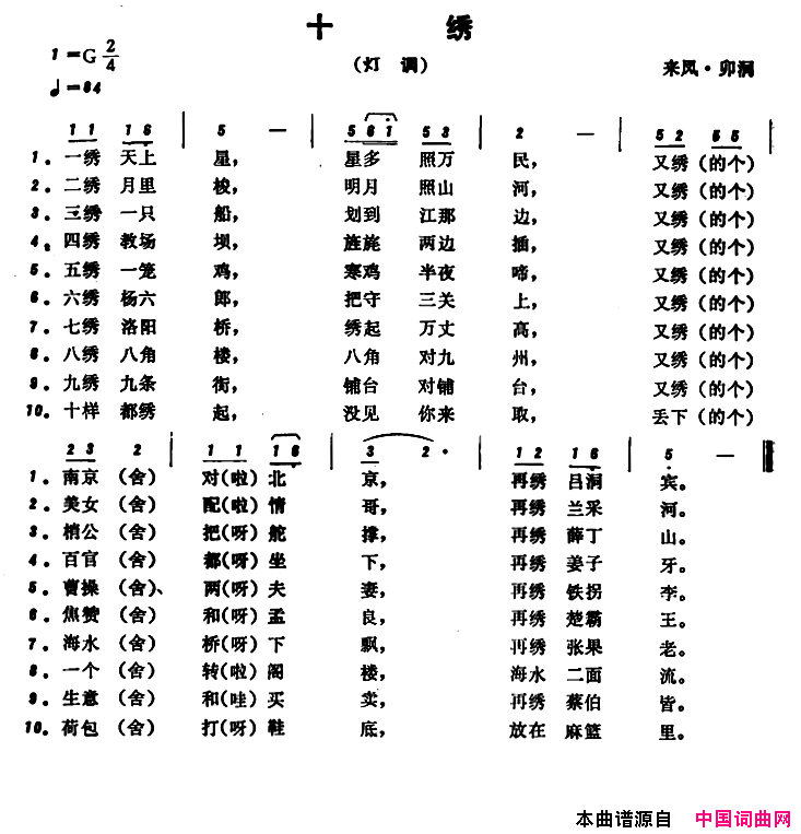恩施民歌：十绣简谱1