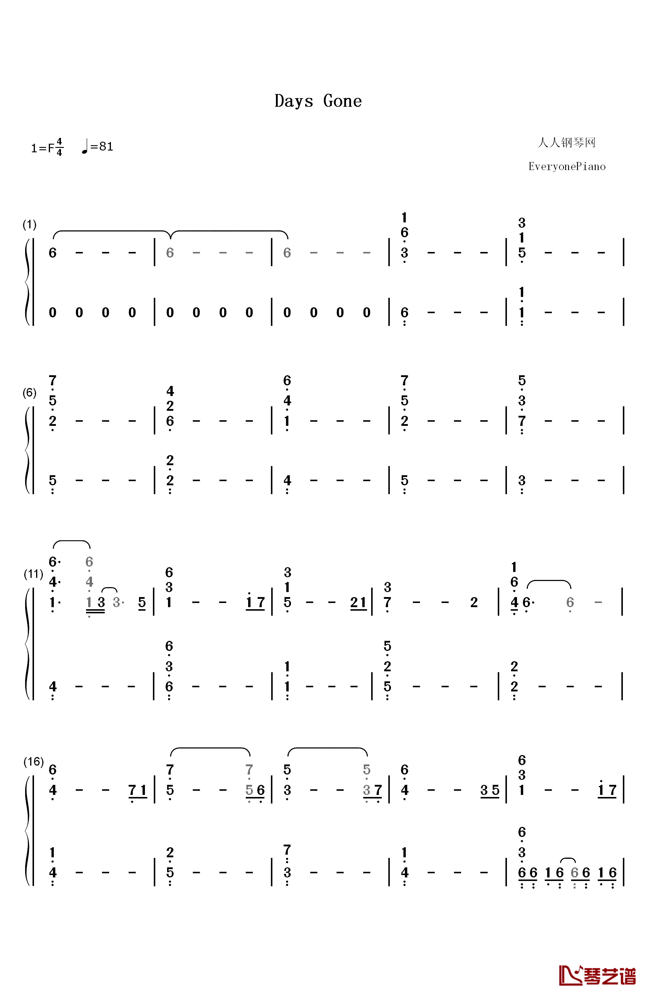 Days Gone主题曲钢琴简谱-数字双手-Nathan Whitehead1