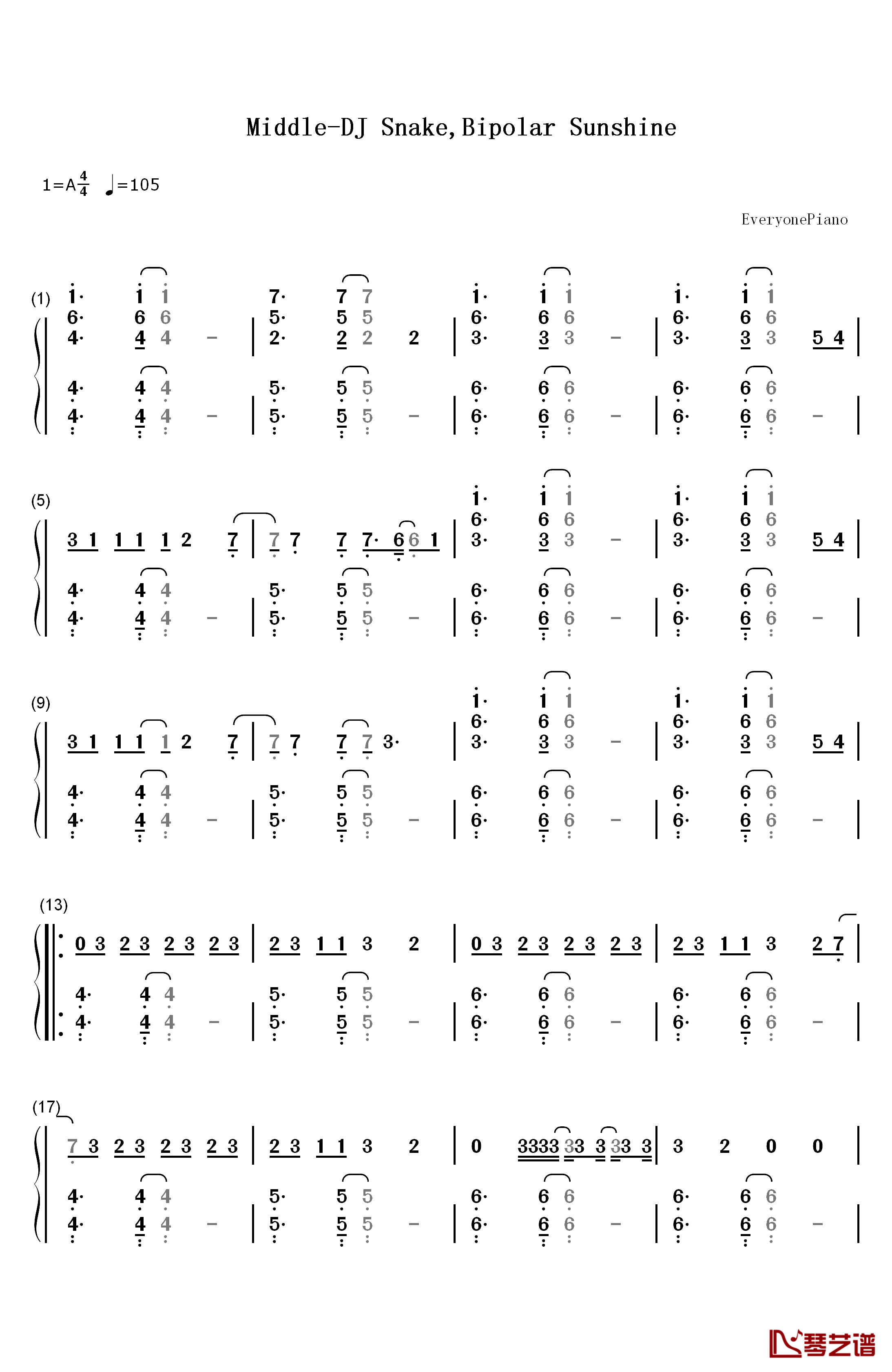 Middle钢琴简谱-数字双手-DJ Snake Bipolar Sunshine1