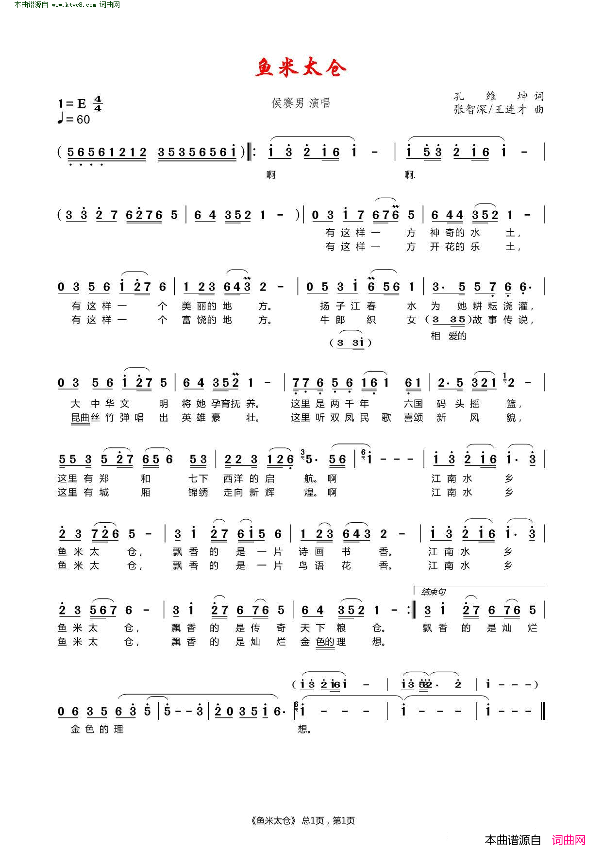 鱼米太仓简谱-侯赛男演唱-孔维坤/张智深、王连才词曲1