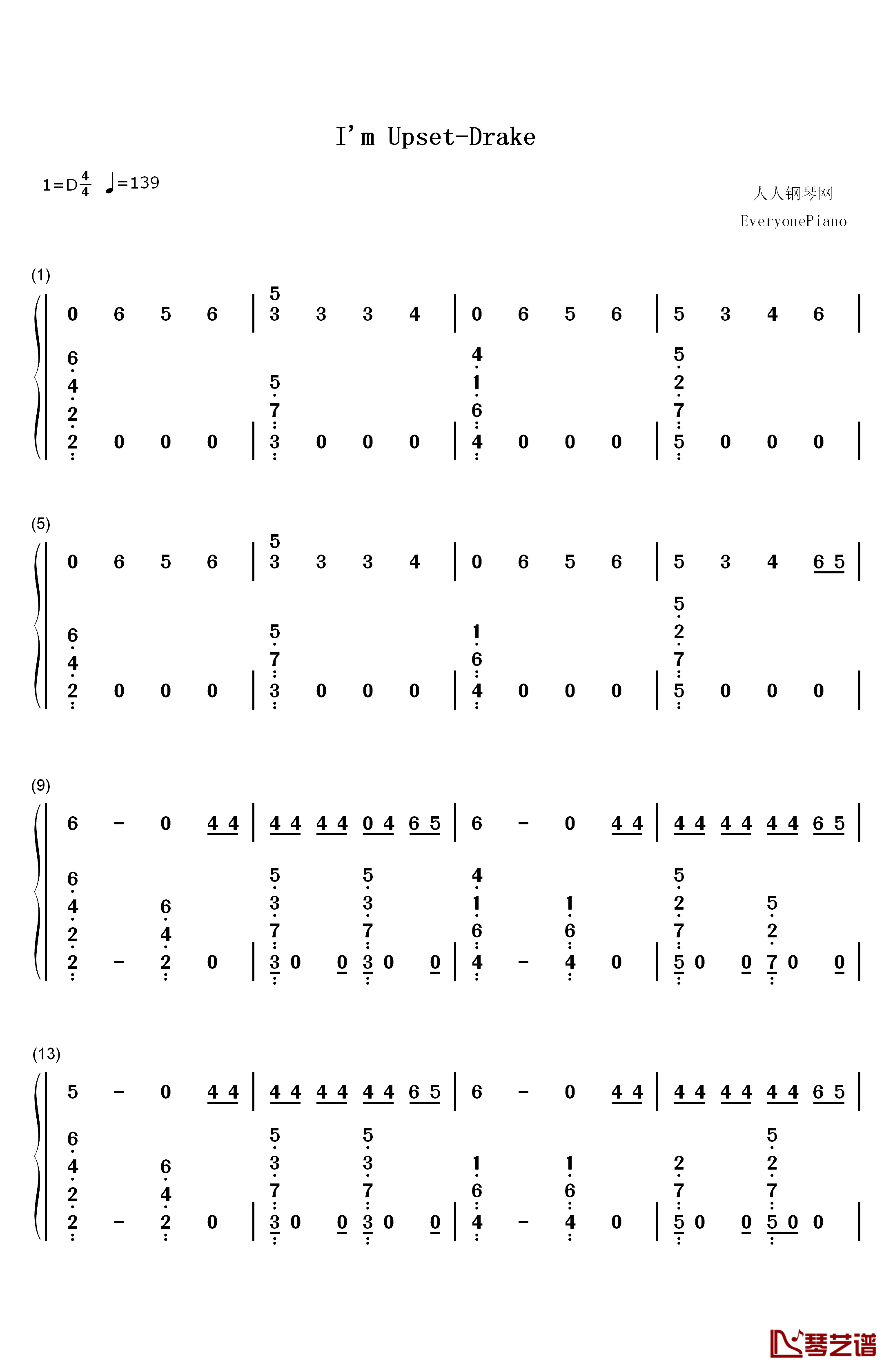 I'm Upset钢琴简谱-数字双手-Drake1