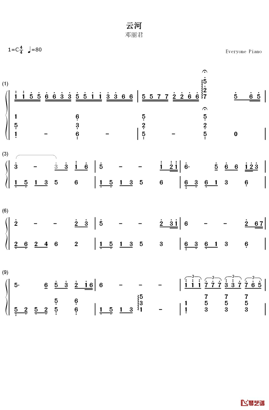 云河钢琴简谱-数字双手-邓丽君1