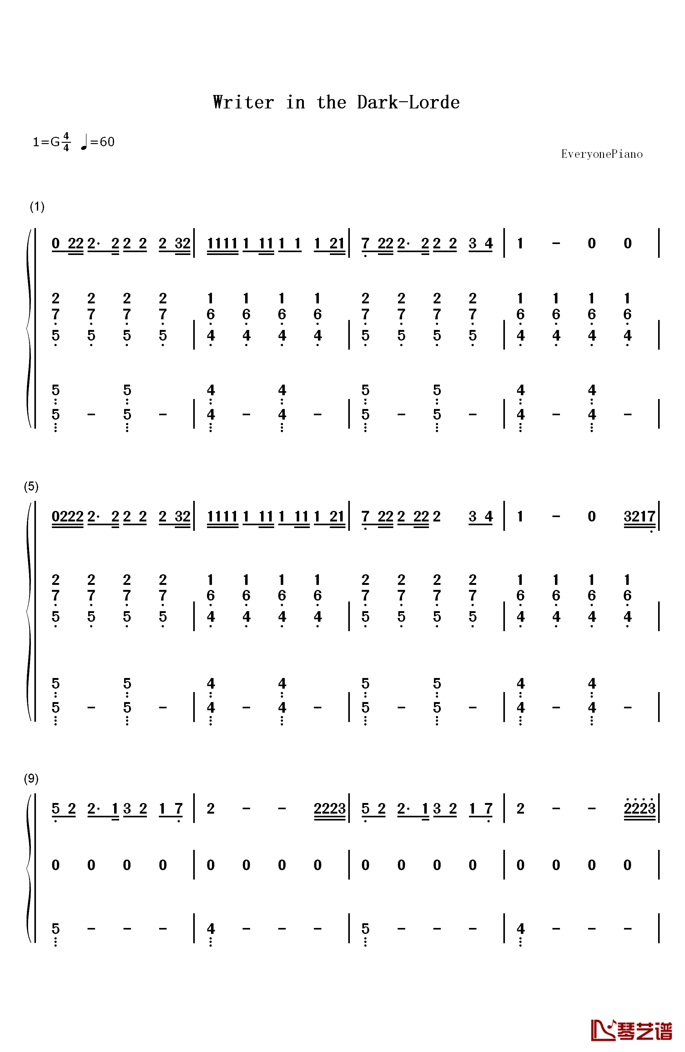 Writer in the Dark钢琴简谱-数字双手-Lorde1