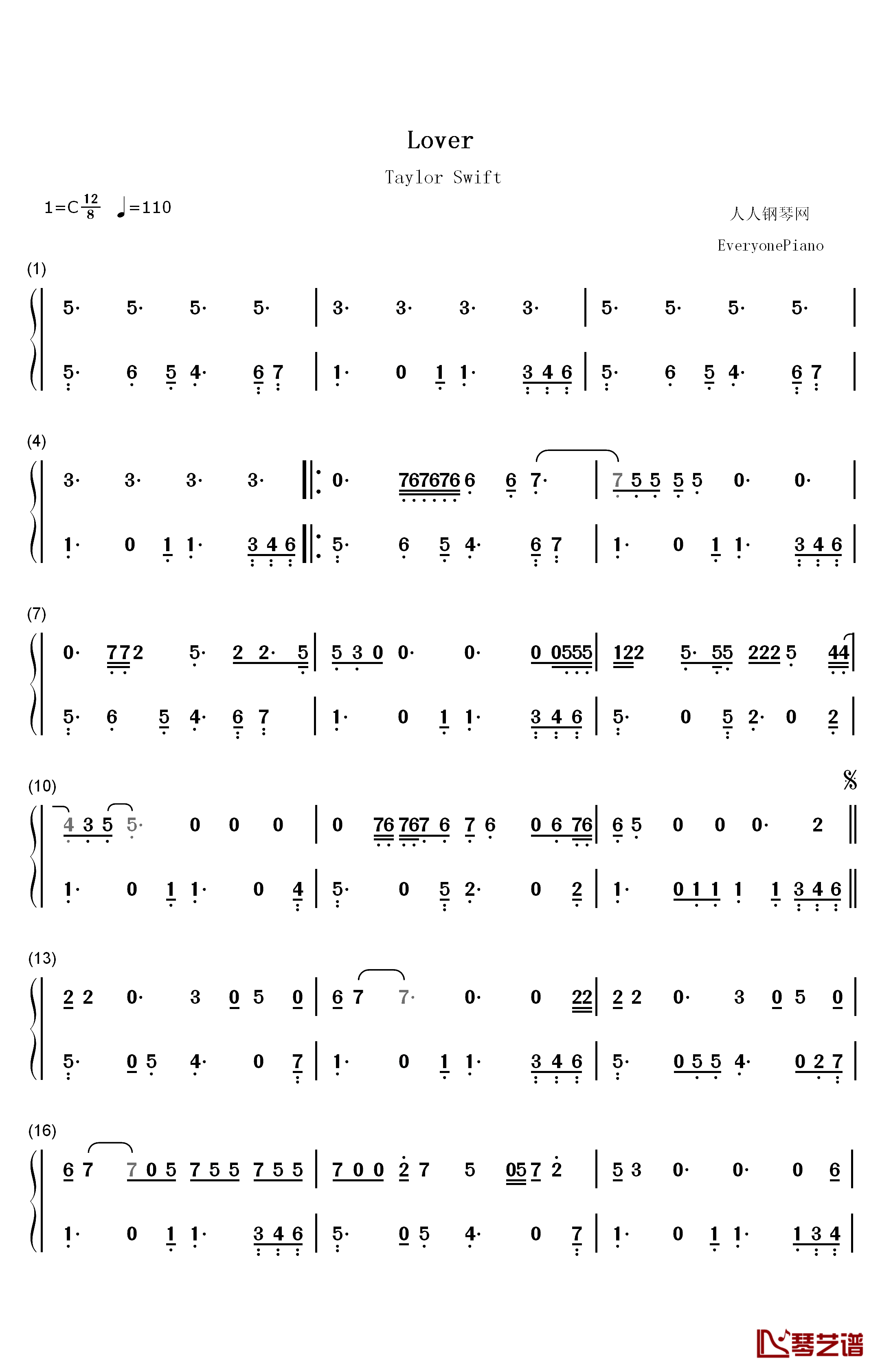 Lover钢琴简谱-数字双手-Taylor Swift1